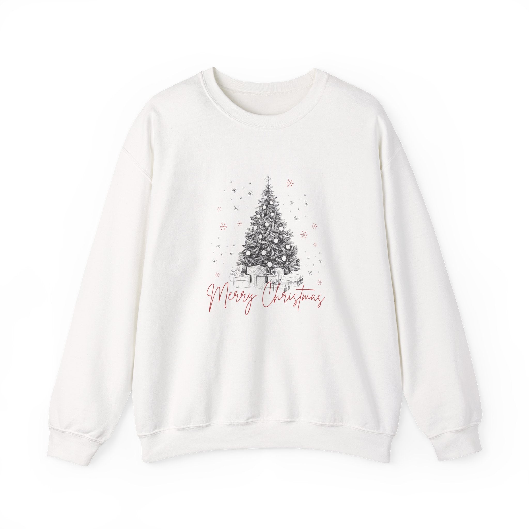 white sweatshirt with detailed hand-drawn Christmas tree and wrapped presents design