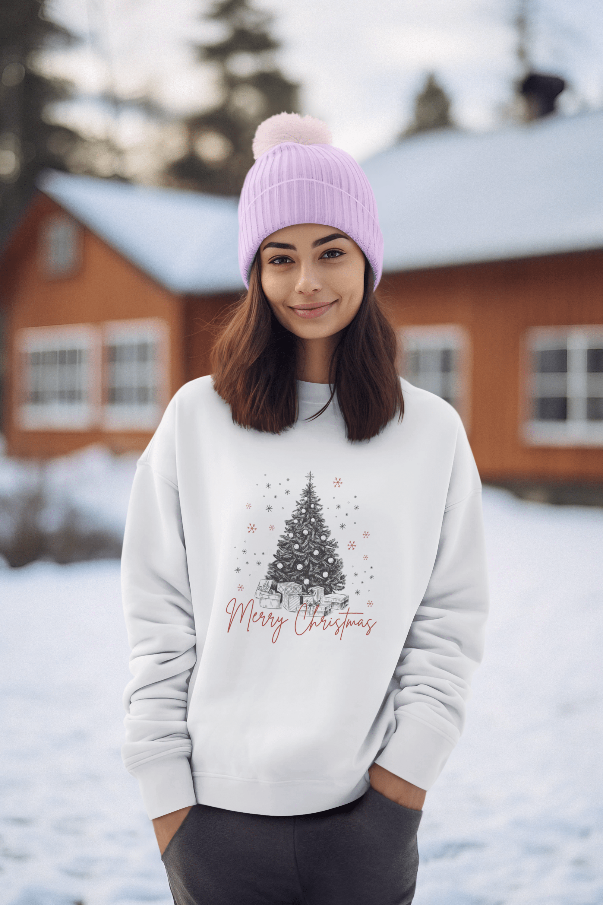 Winter holiday ash sweatshirt featuring Christmas tree and snowflakes illustration on the front