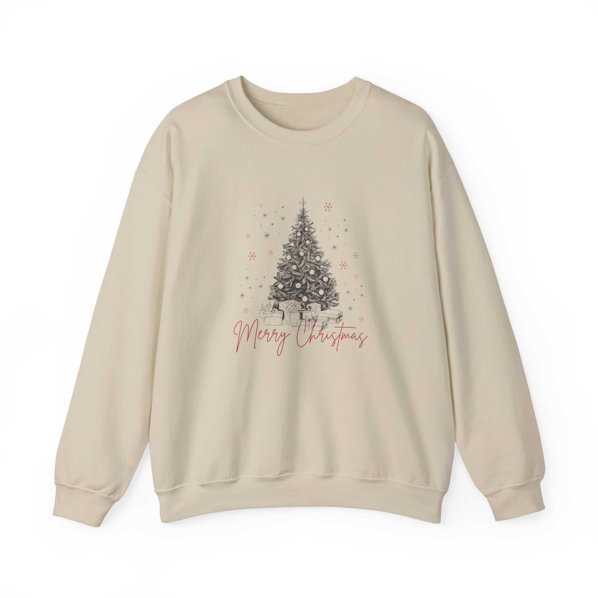 front view of festive Merry Christmas tree graphic on cozy sweatshirt