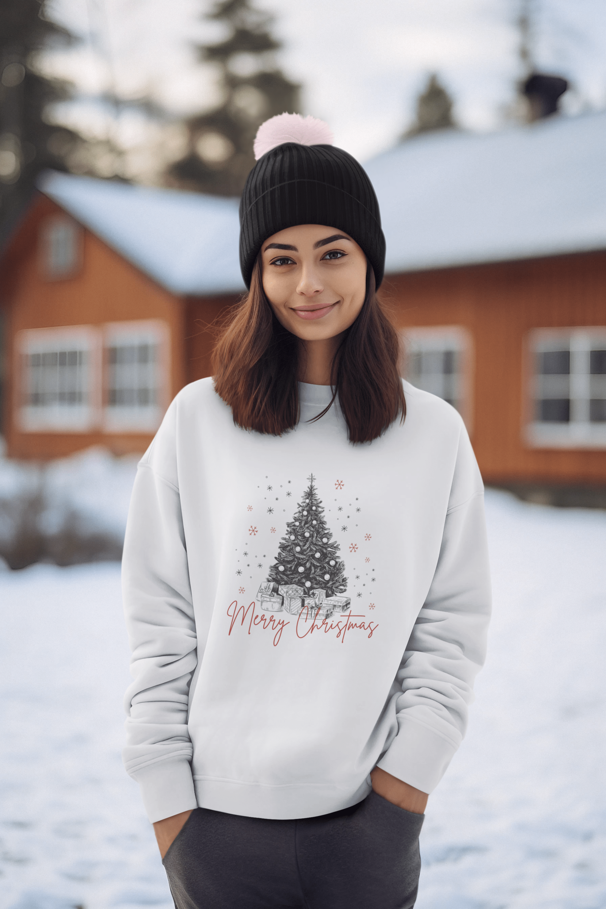 Model wearing Merry Christmas tree sweatshirt for casual holiday style