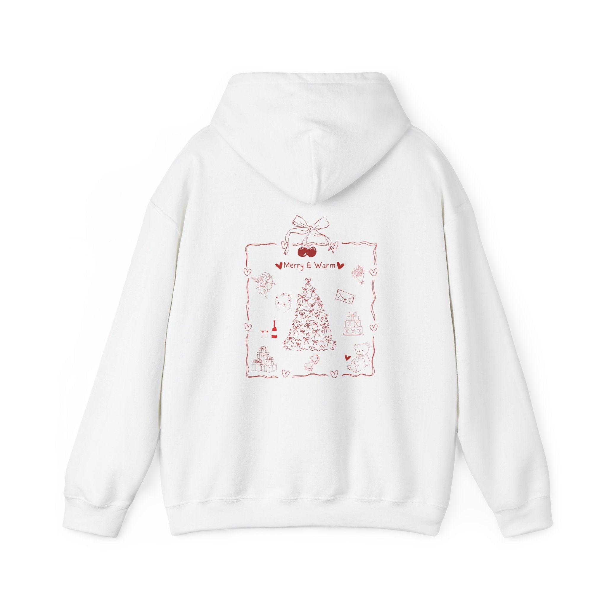 White unisex hoodie featuring a festive red Christmas-themed design on the back