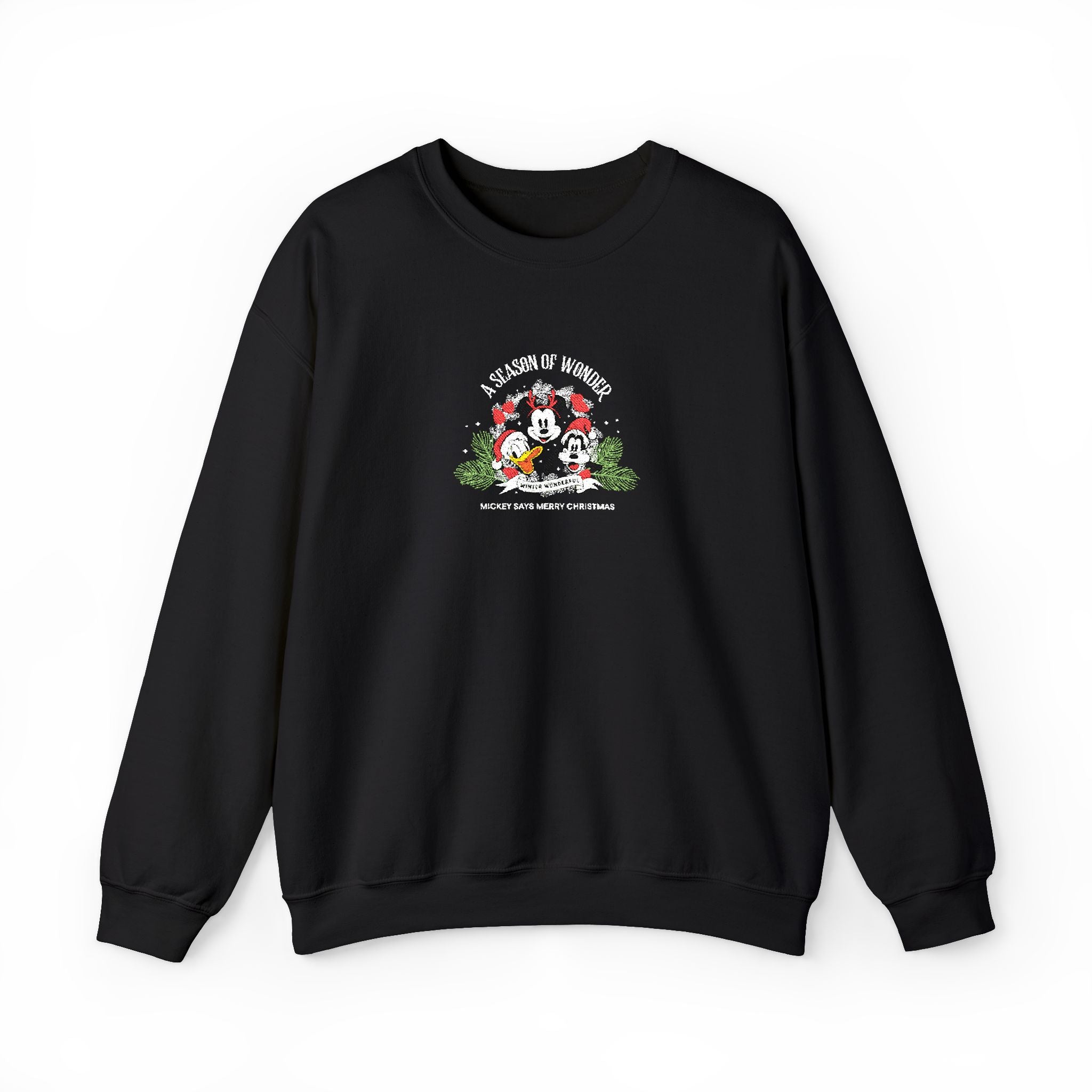 Woman wearing Micky's Season’s Woofs holiday black sweatshirt for winter casual wear