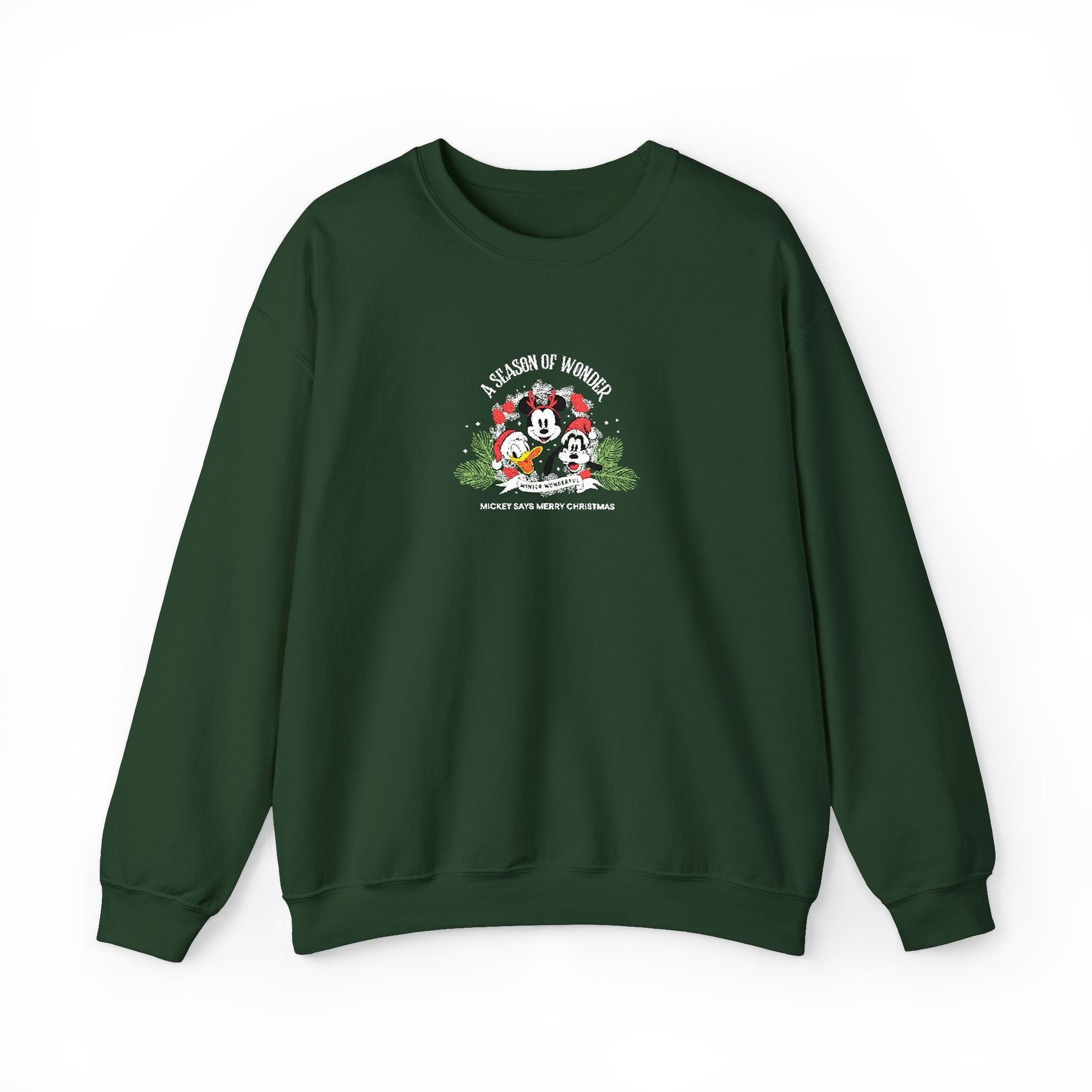 Micky's Season’s Woofs Holiday sweatshirt with festive cartoon wreath design