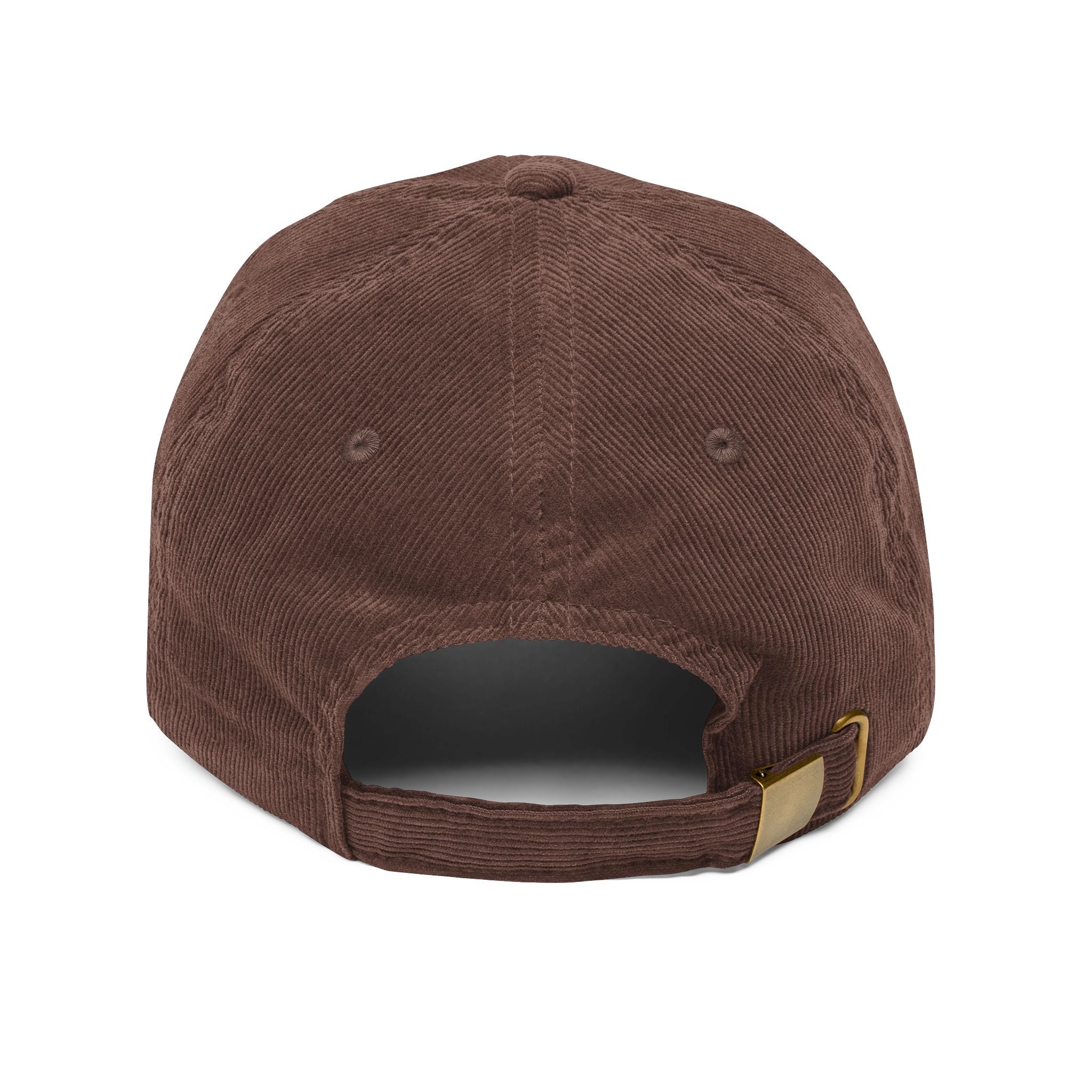 Brown corduroy dad hat with ‘My Daily Cozy Hat’ embroidered text