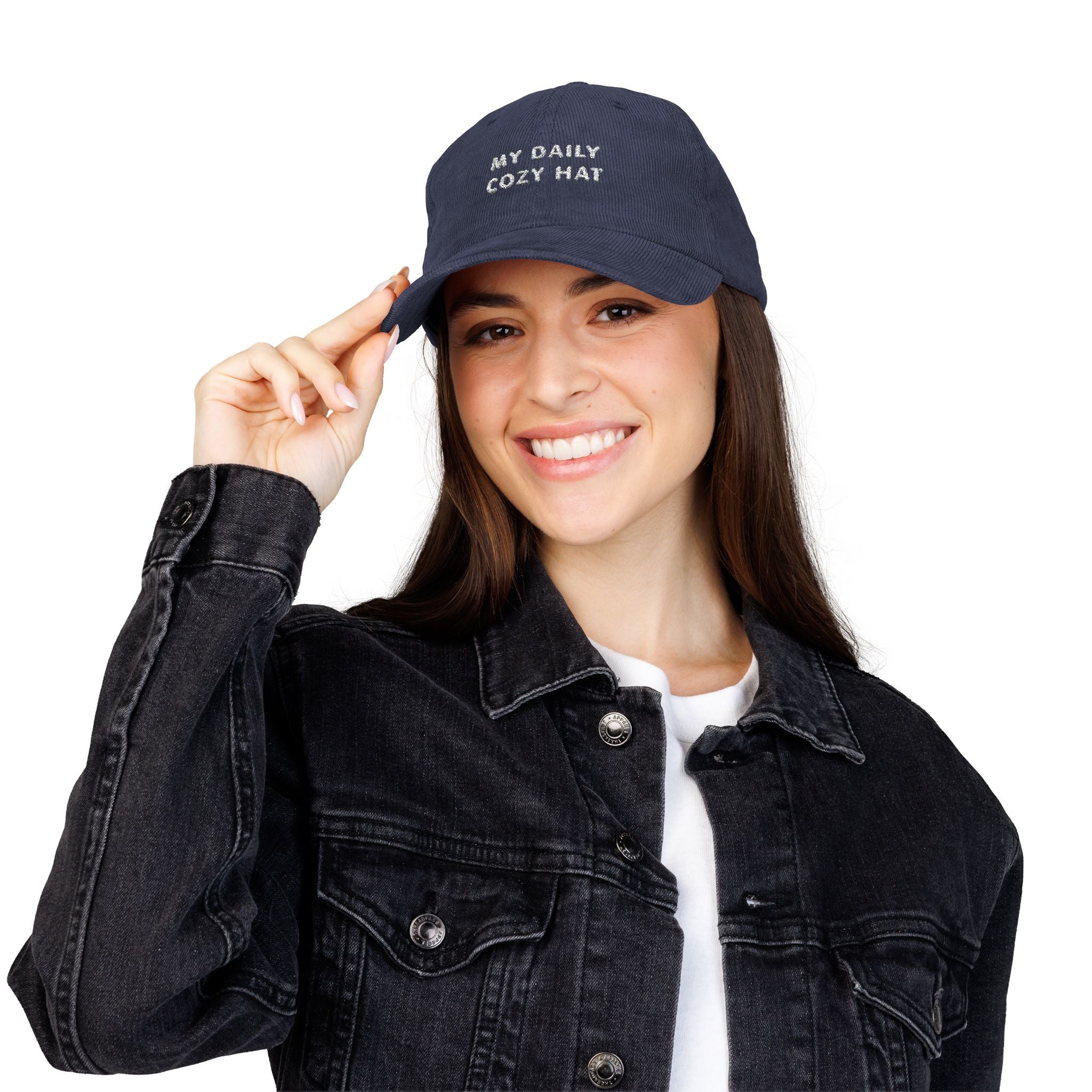 Soft corduroy hat with embroidered lettering front view in dark navy