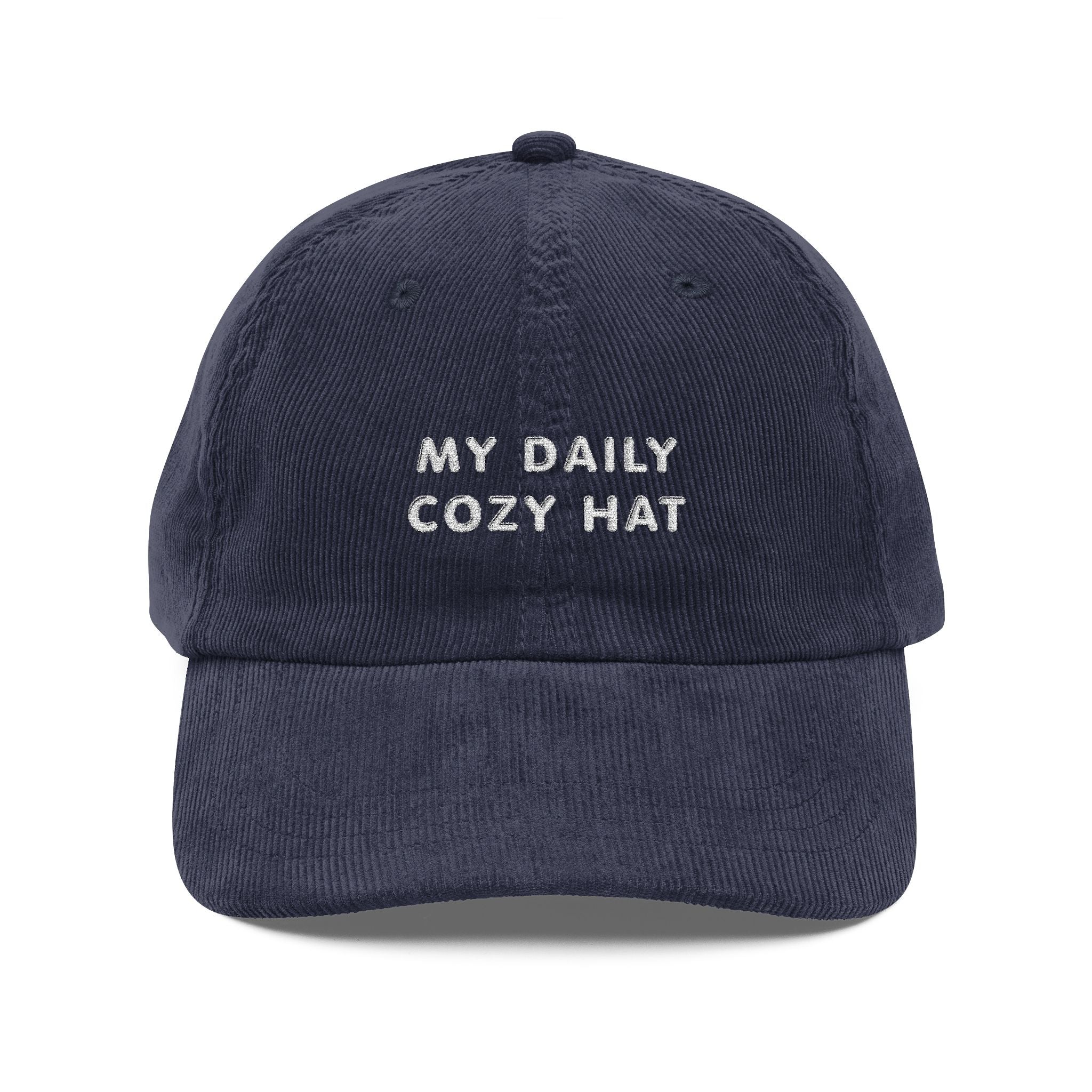 Soft corduroy hat with embroidered lettering front view in dark navy for casual wear