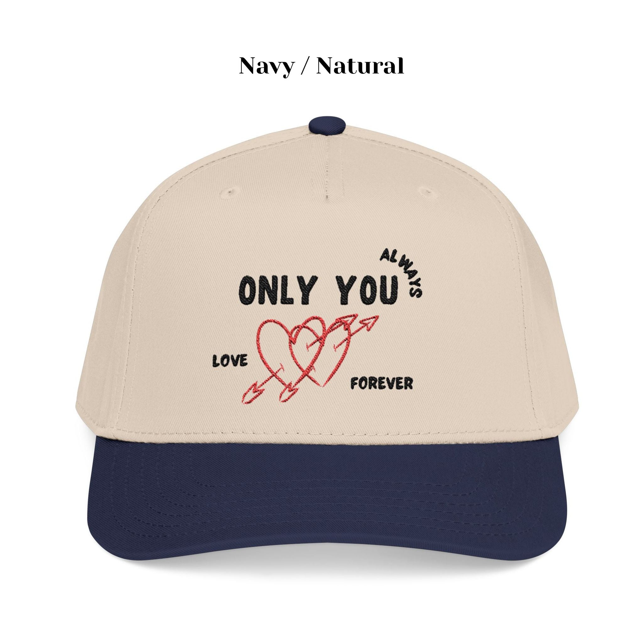 Cream and Navy love-themed embroidered baseball hat