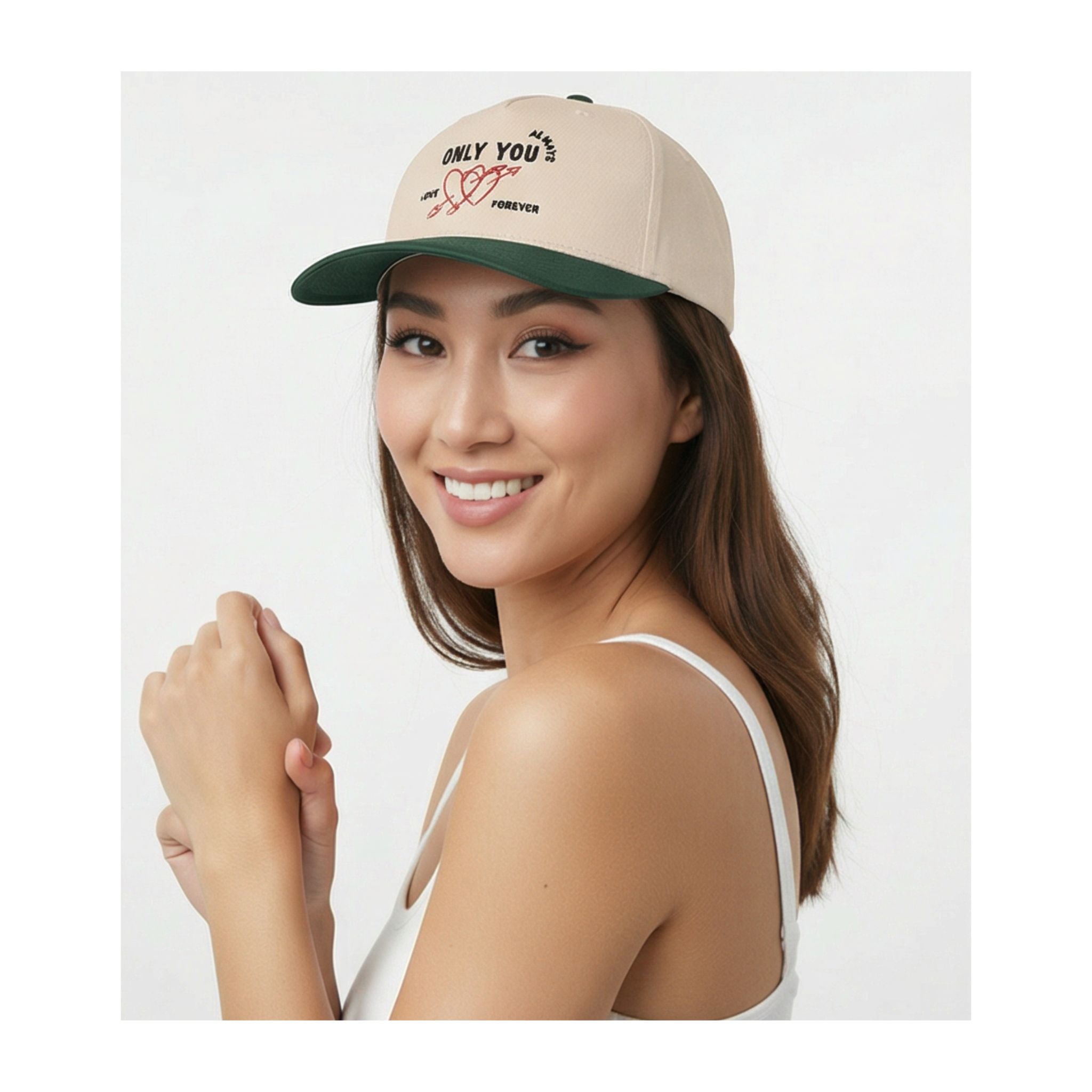 Women's wearing Only You Love Forever embroidered baseball cap in cream and green