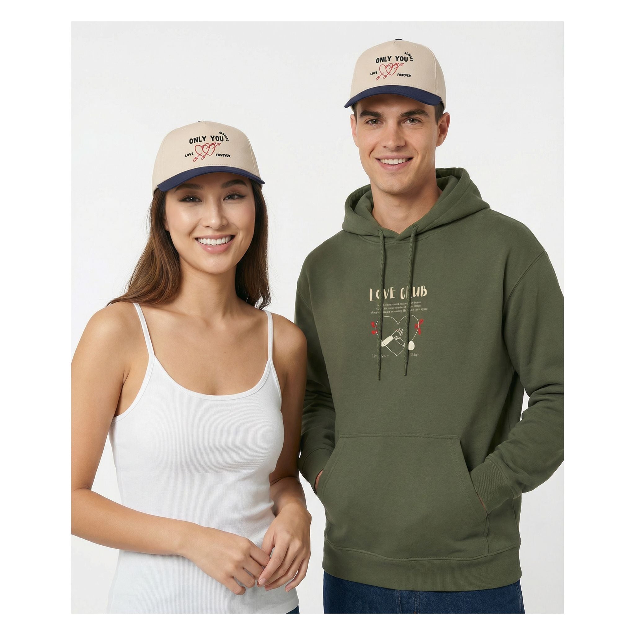 Minimal romantic baseball cap with heart and arrow design for couples