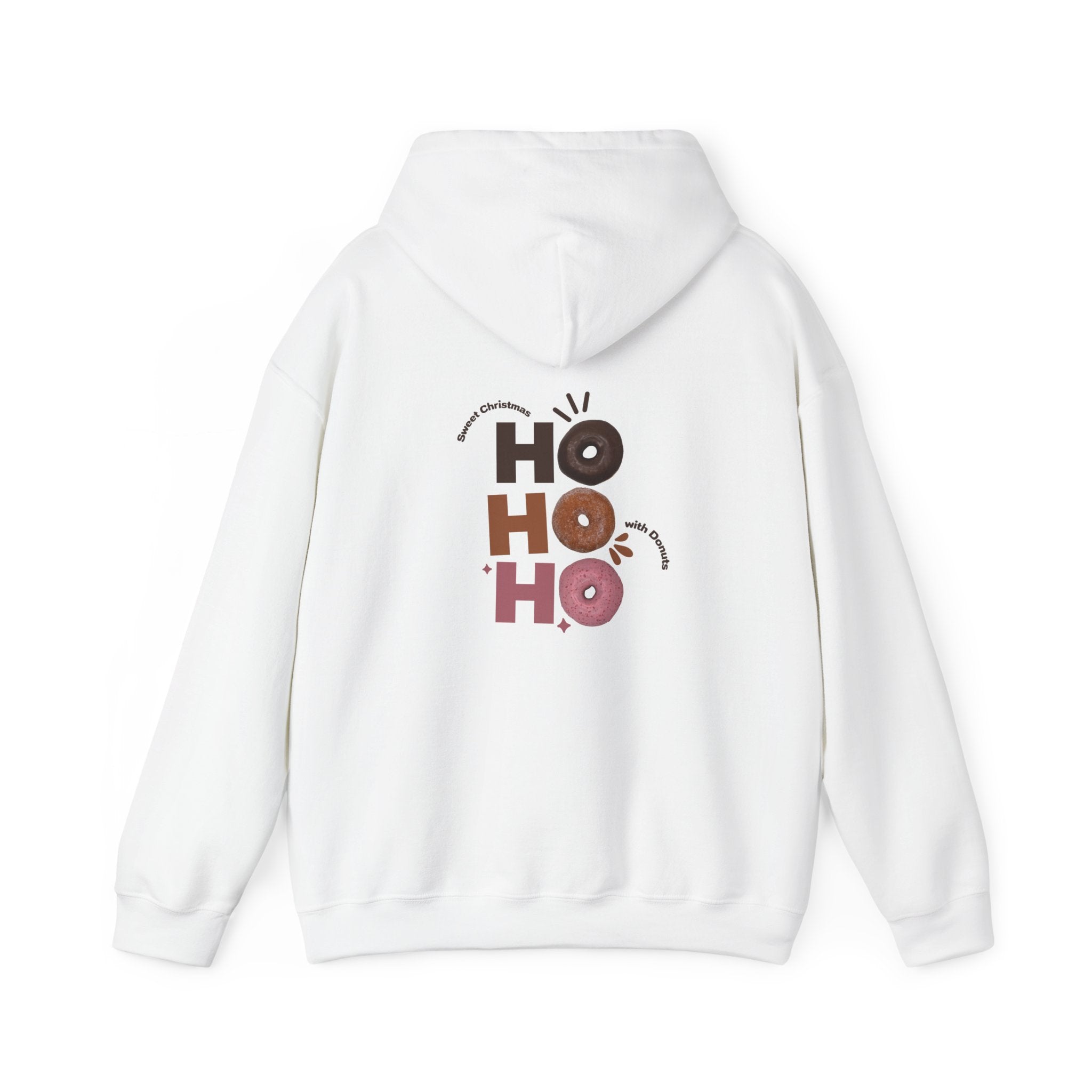 back view of colorful donut “HO HO HO” graphic on Christmas hoodie with playful holiday dessert theme
