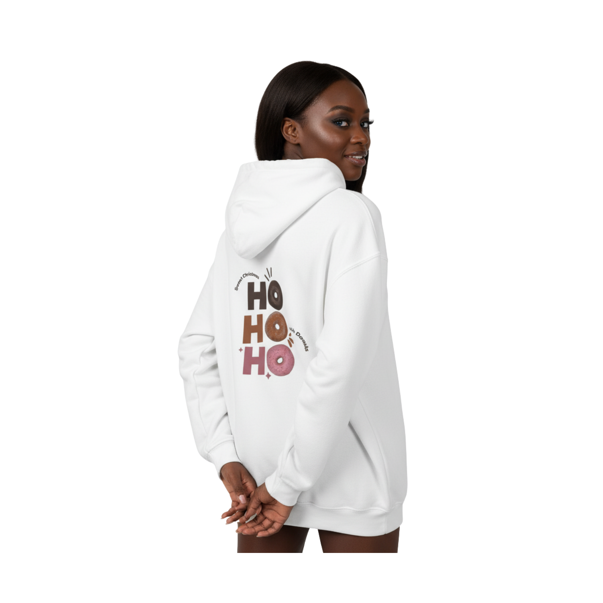Person wearing a white hoodie with 'HO HO HO' text on the back, standing against for holiday