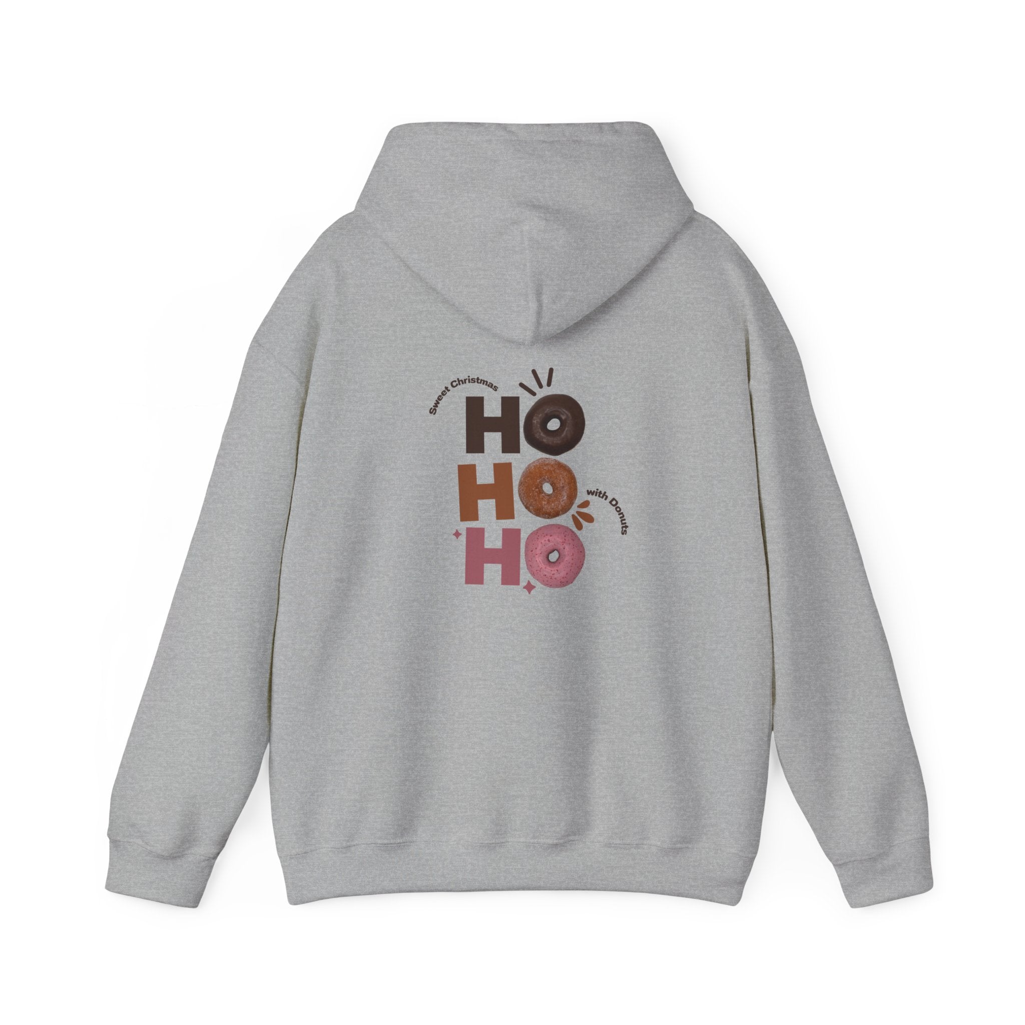 Back view of donut-themed Christmas hoodie with colorful “HO HO HO” graphic made of donut designs