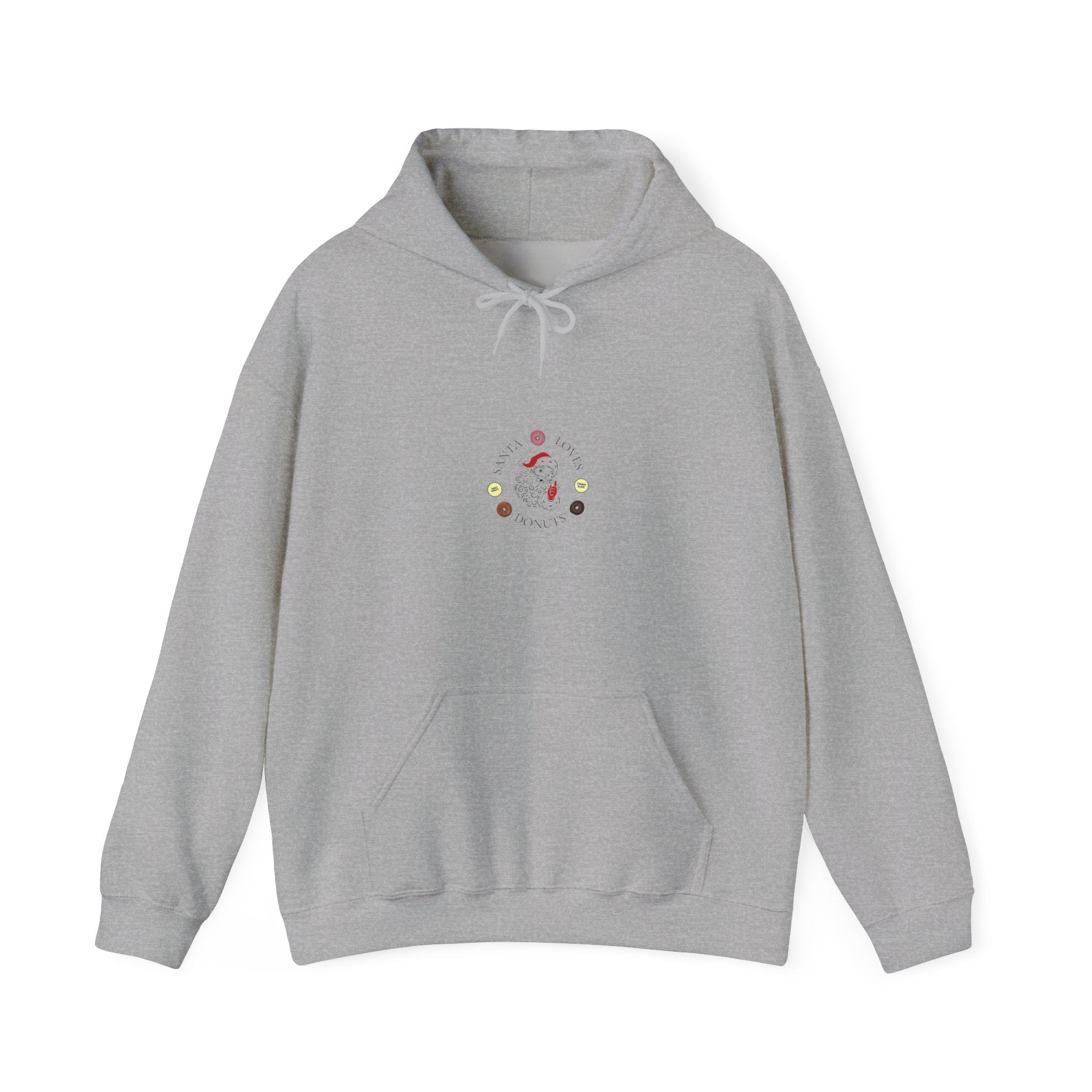 Front view of donut Christmas hoodie showing minimal front donut graphic and playful holiday donut text on back