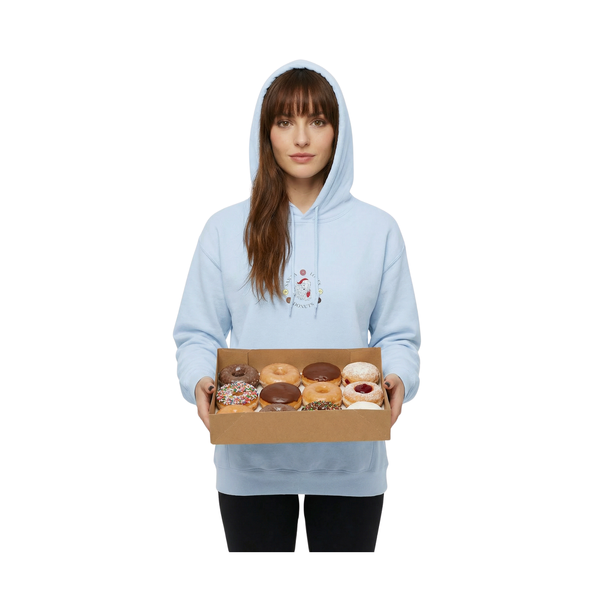 Person wearing a light blue hoodie holding a box of assorted donuts for donuts lover