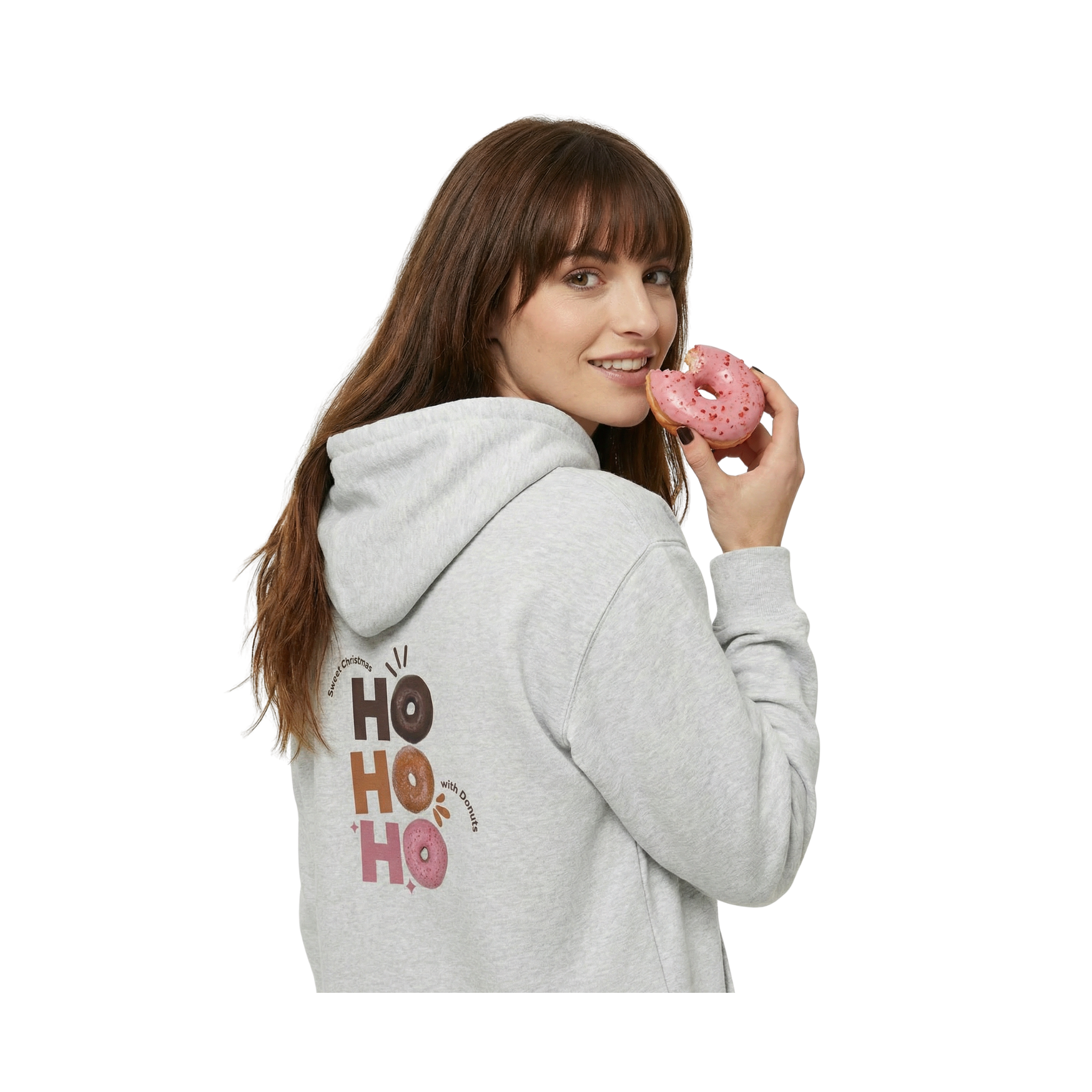 donut Christmas hoodie showing minimal front donut graphic and playful holiday donut text on back