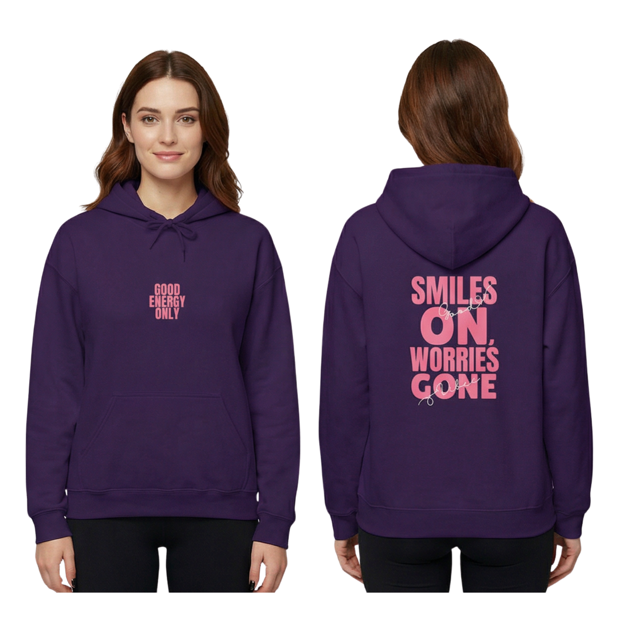 Smiles On, Worries Gone Hoodies with positive quote in Purple 