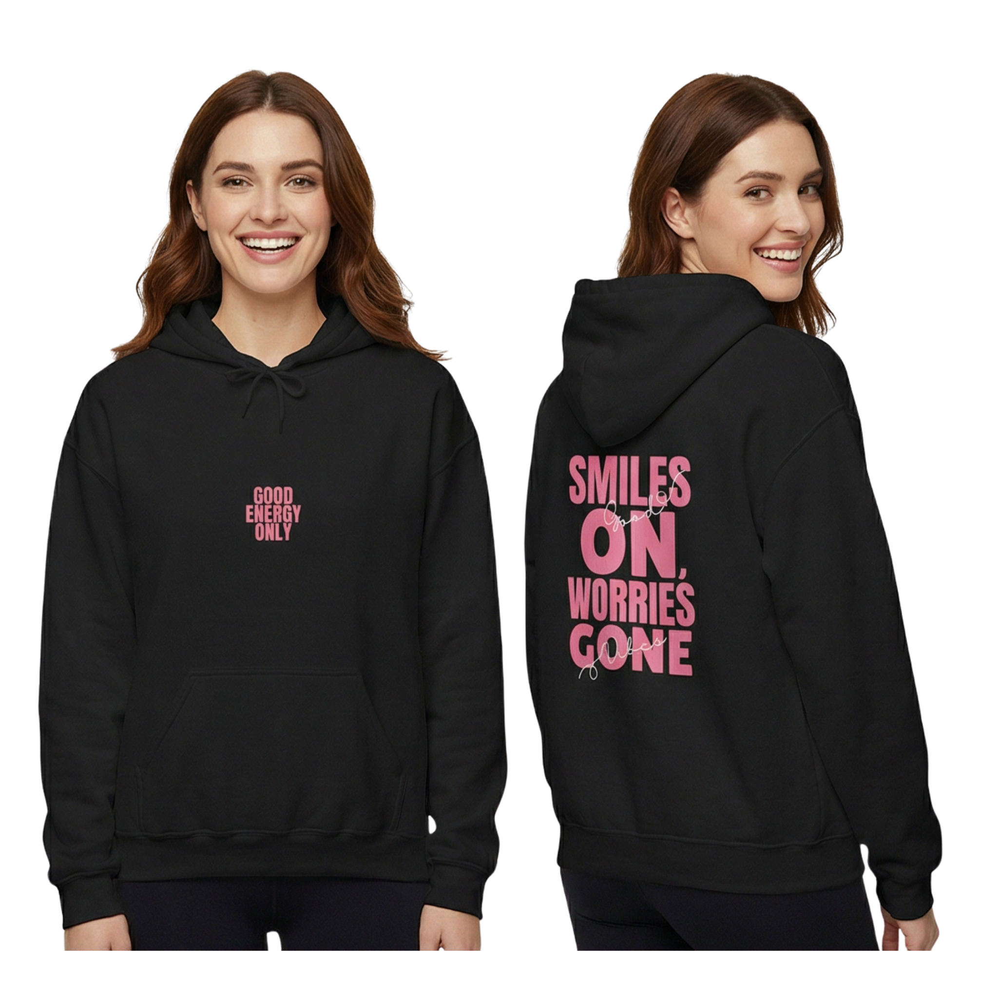 black hoodie featuring “Good Energy Only” and uplifting smile quote design