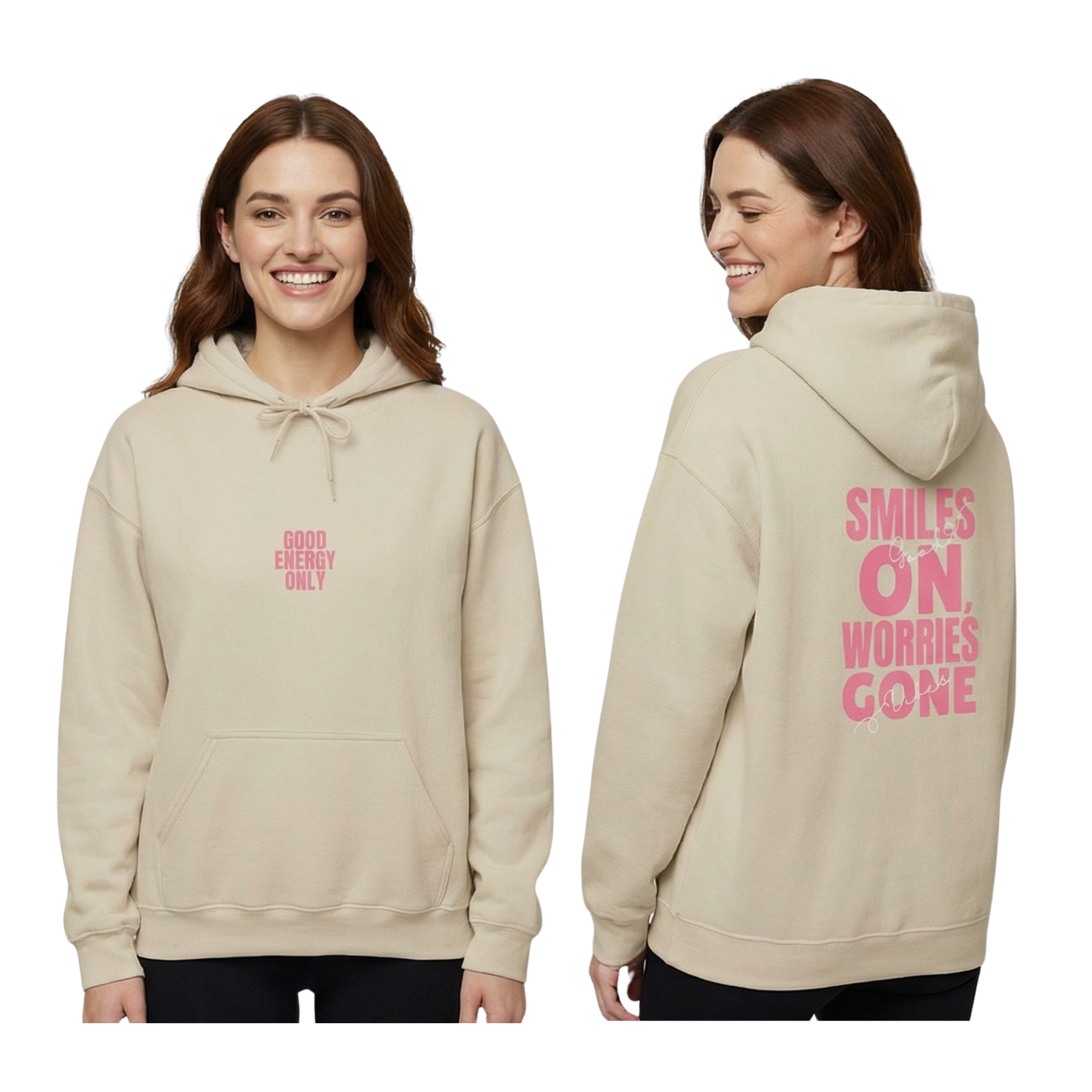 Model wearing sand positive message hoodie showing cozy fit and cheerful “Smiles On, Worries Gone”  graphic