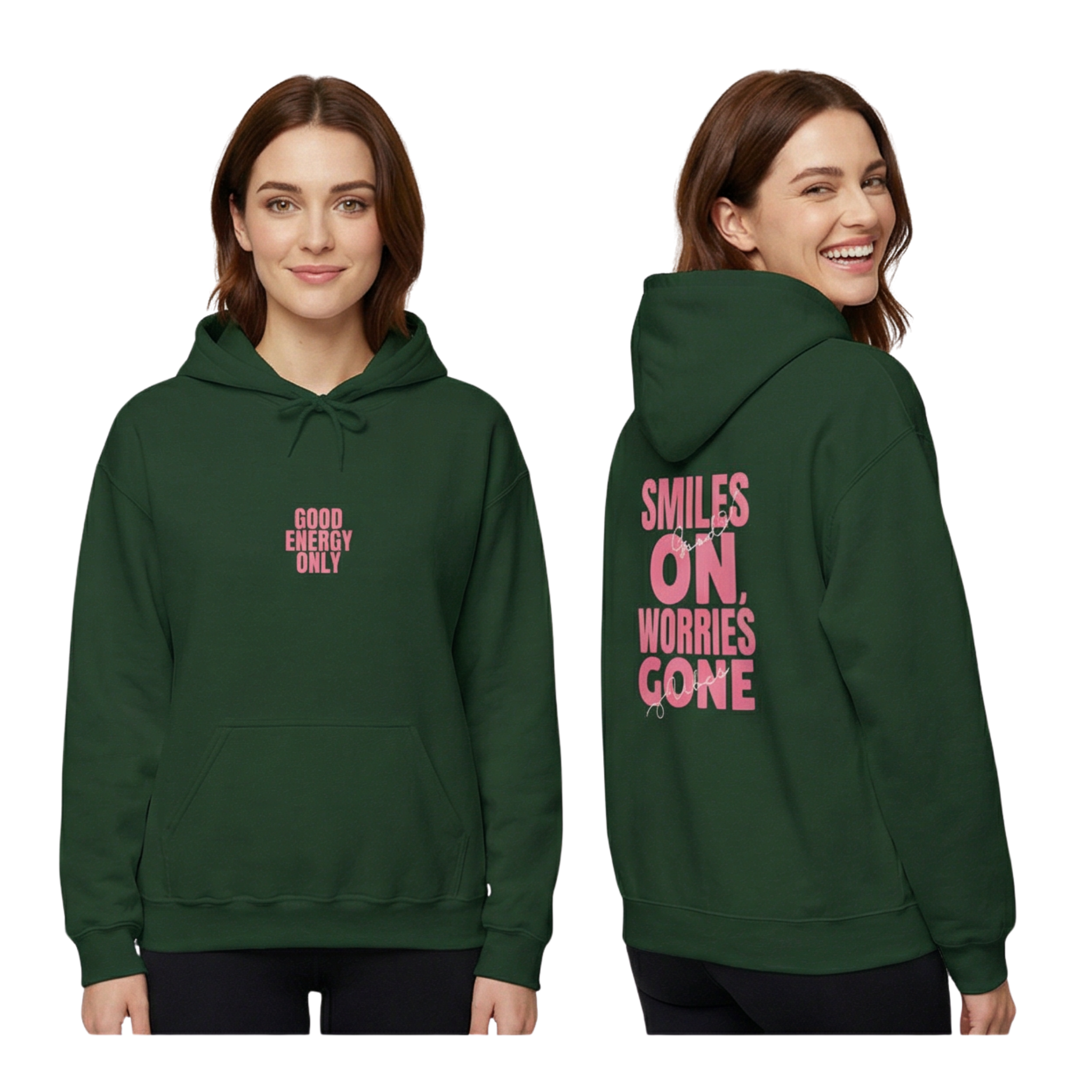 Smiles On, Worries Gone Hoodie in sport green with casual wear