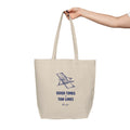 Good Times & Tan Lines canvas beach tote bag and Playful summer tote bag with beach chair graphic