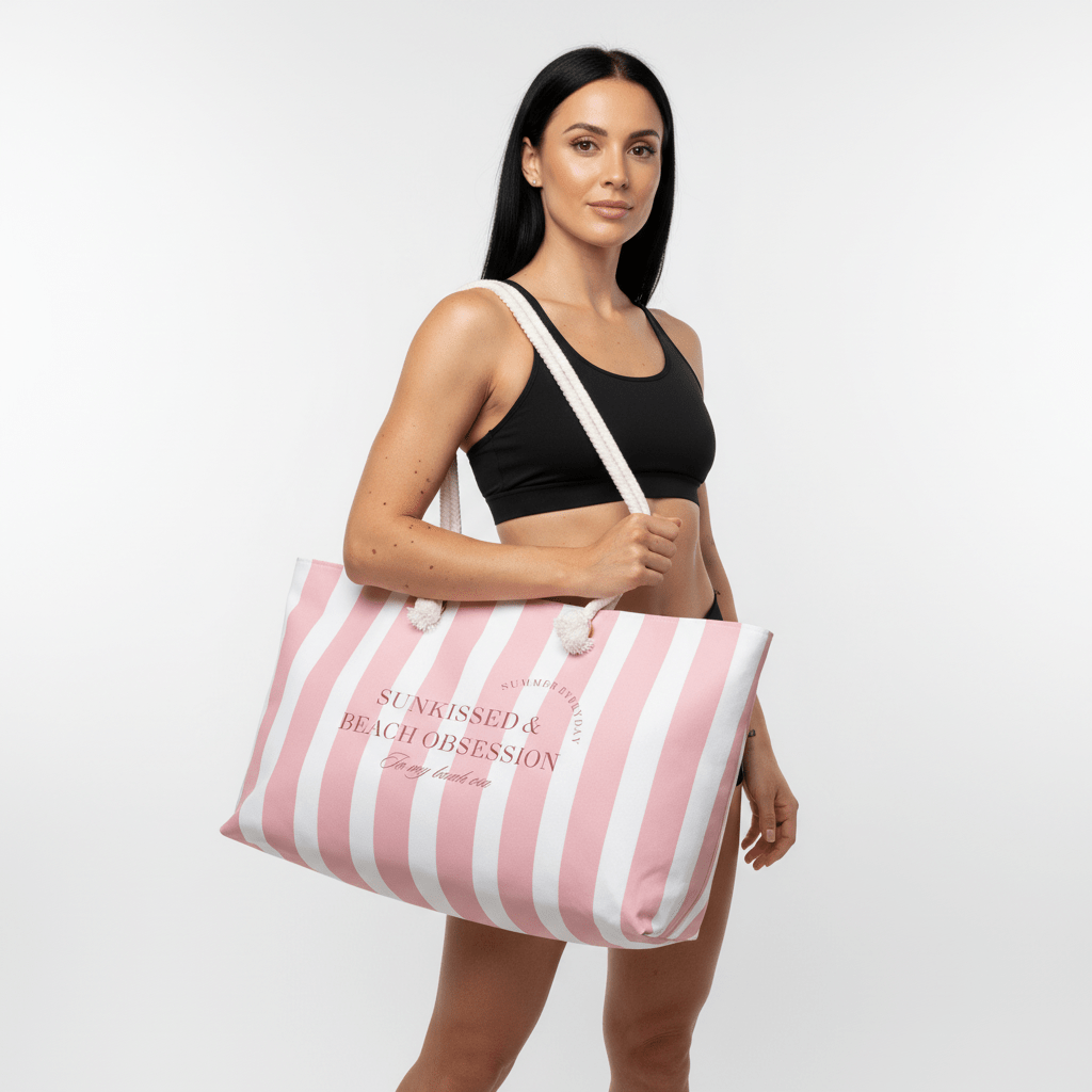 Close-up of pink striped summer tote bag with coastal lettering and durable fabric
