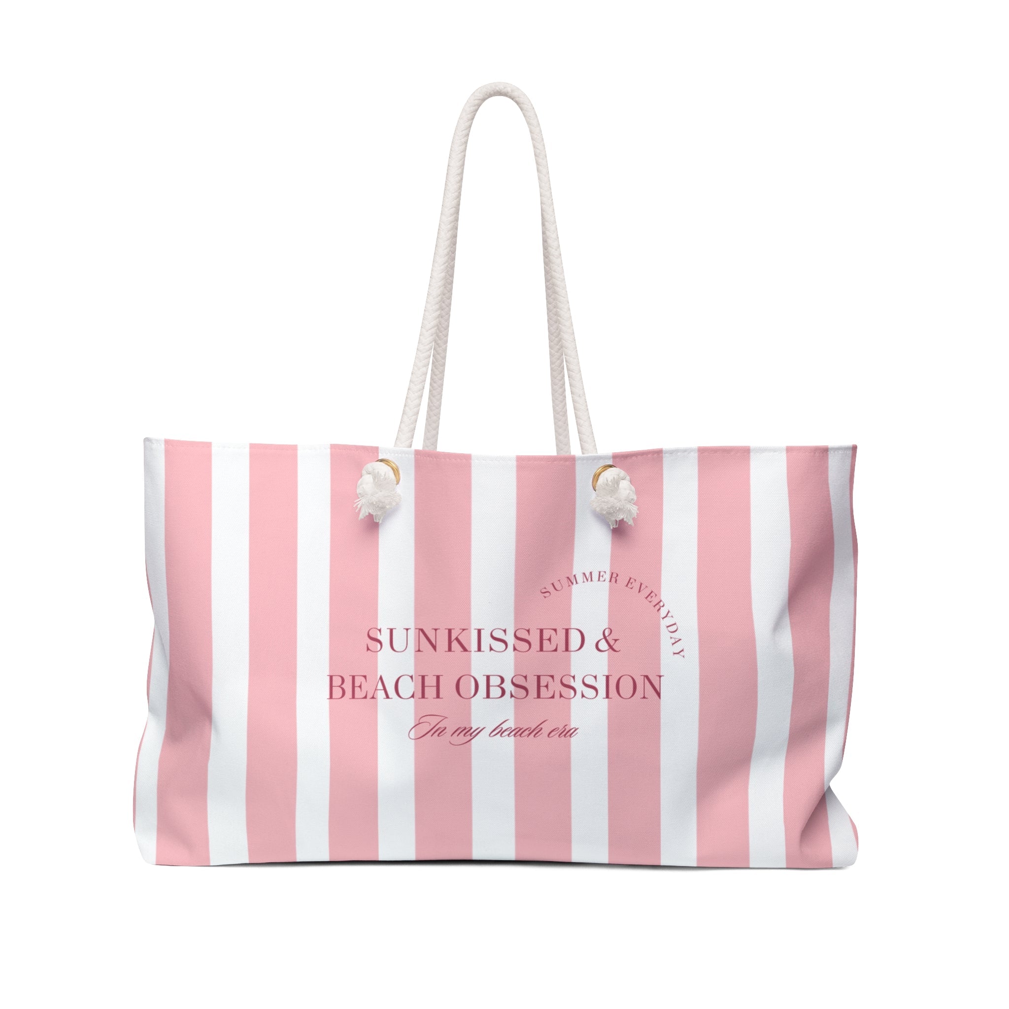 Sunkissed pink and white striped beach bag with rope handles, summer weekender tote