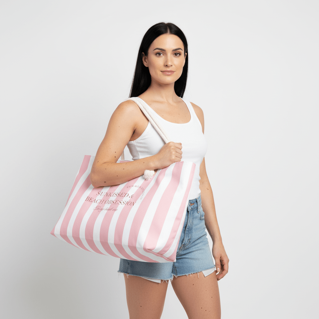 Pink striped weekender bag with Summer Everyday and In My Beach Era text, sunkissed beach tote