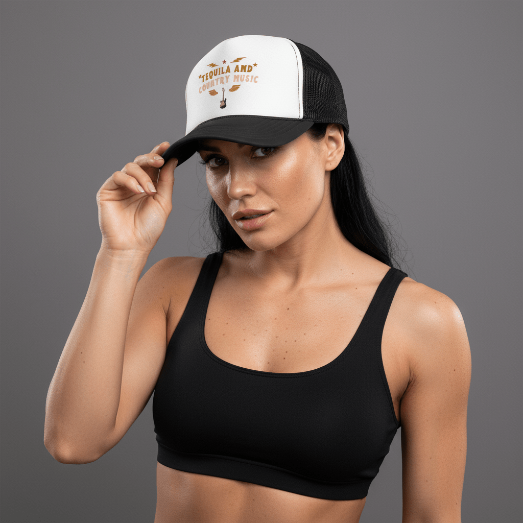 Tequila and country music trucker hat with funny western design in black