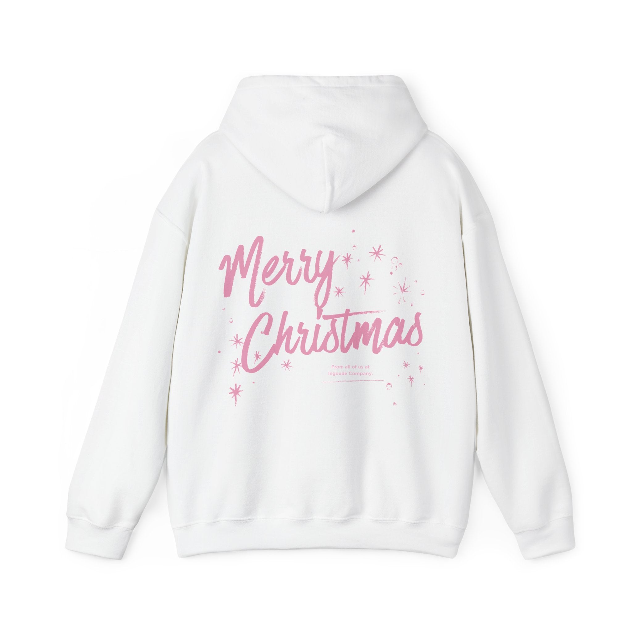 Woman wearing white holiday hoodie with “’tis the season” chest print and festive graphic on the back