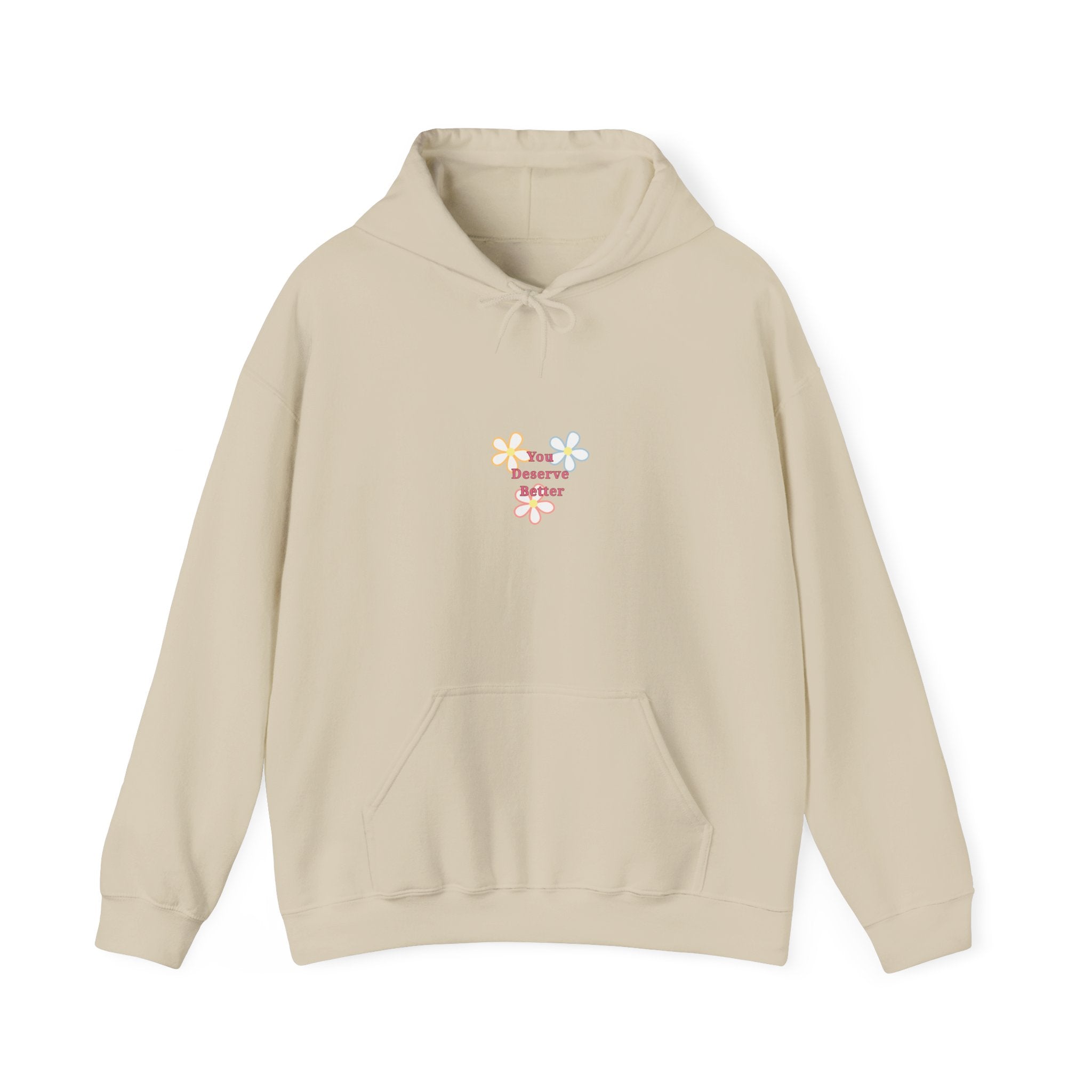 Cozy self care sand hoodie with inspirational quote and retro flower illustration