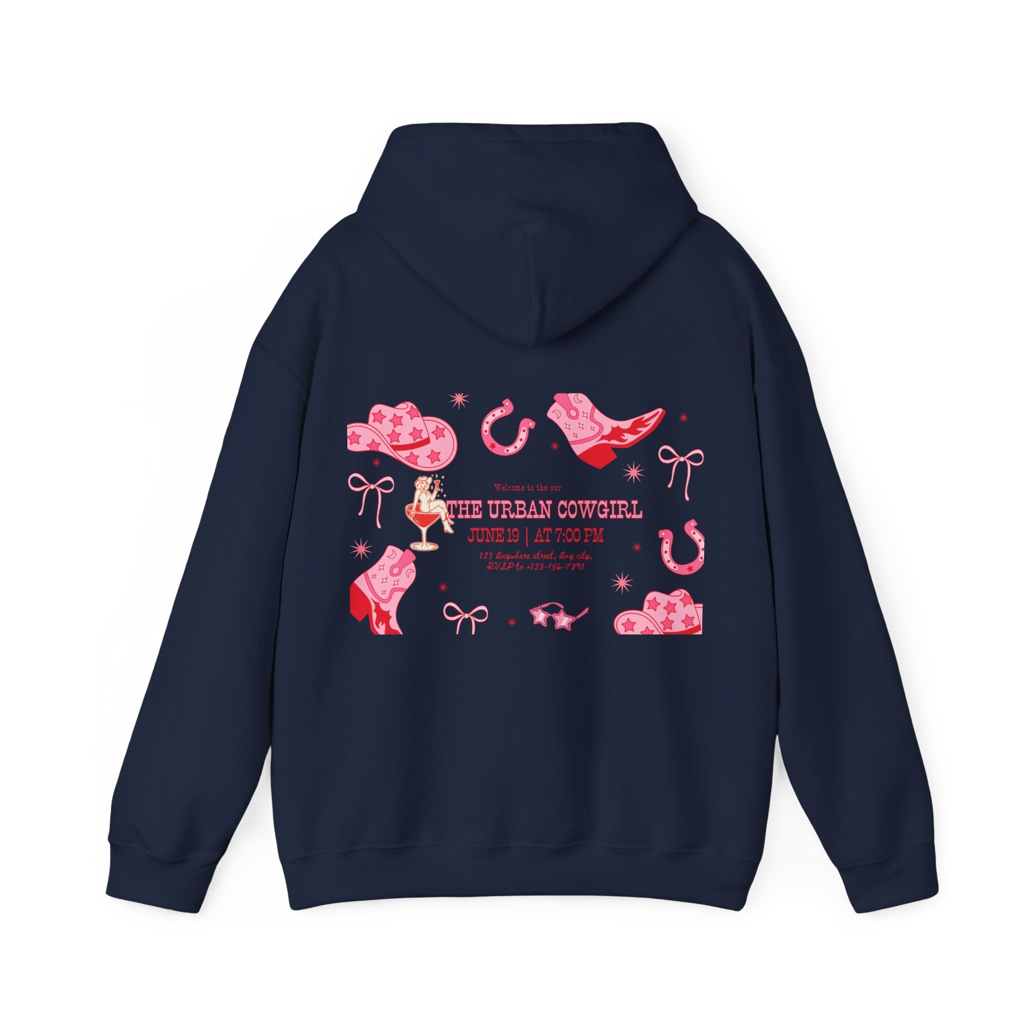 Back view of Urban Western Chic Cowgirl Hoodie with cowgirl illustration