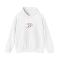 Front of couples hoodie with Valentine Social Club text and subtle heart arrow graphic in boutique style