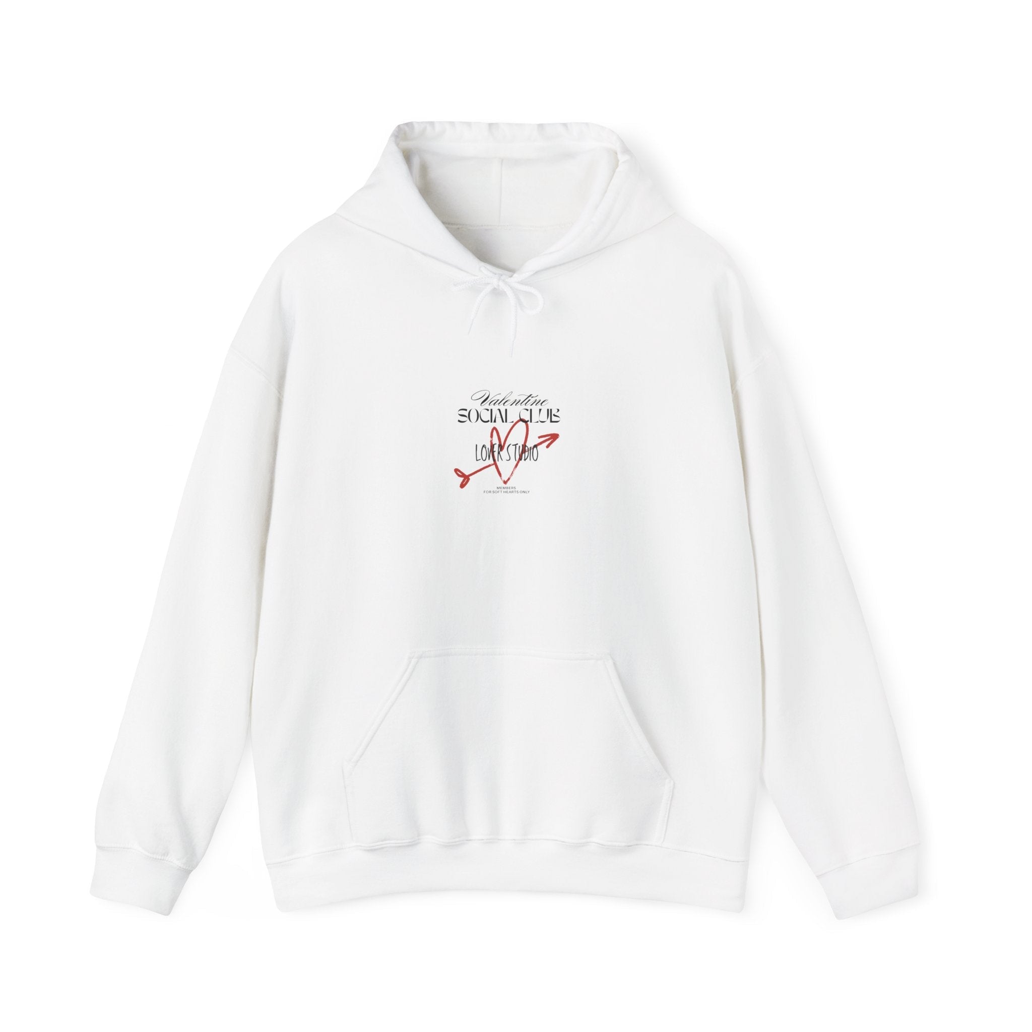 Front of couples hoodie with Valentine Social Club text and subtle heart arrow graphic in boutique style