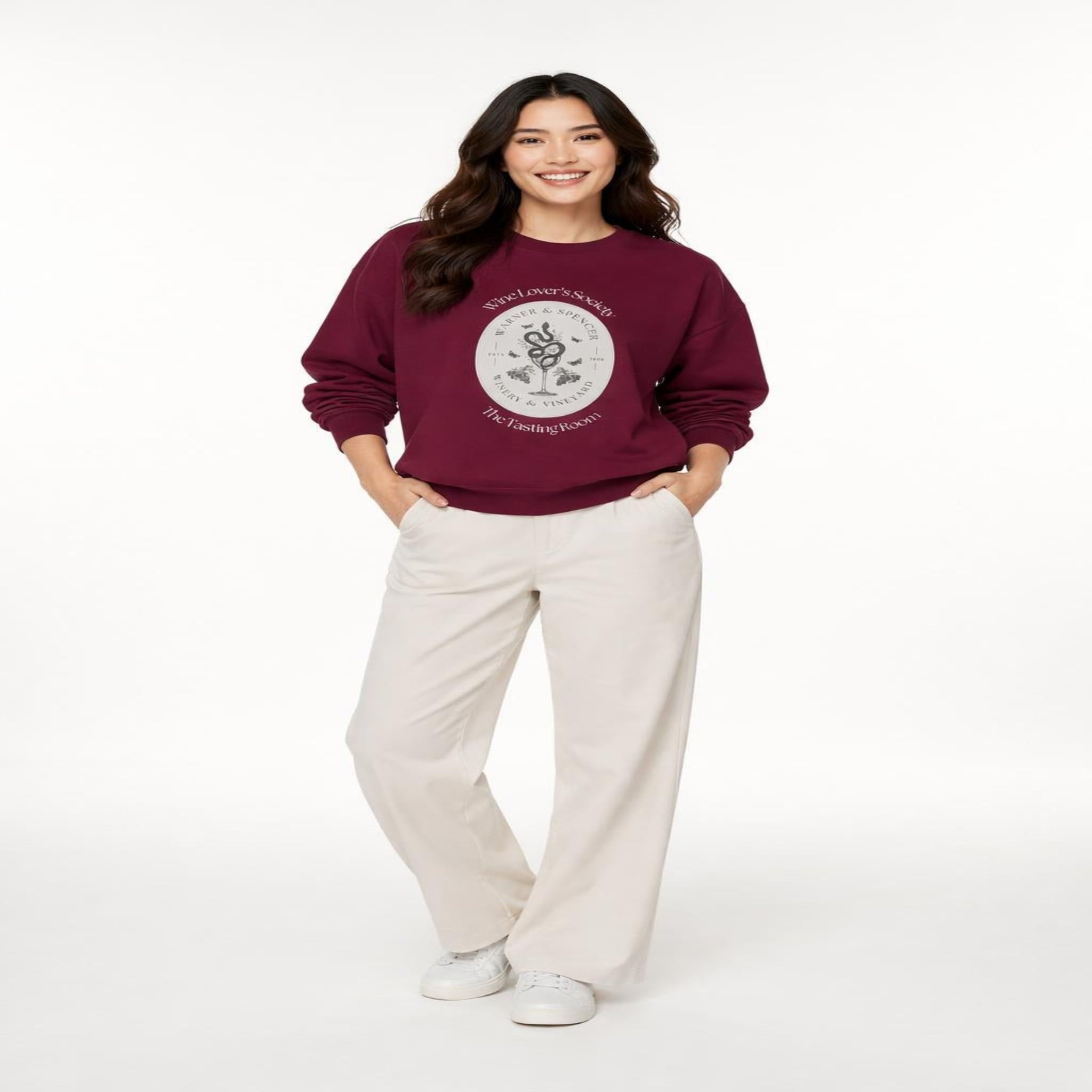 Soft, relaxed-fit green sweatshirt with wine-themed circular graphic for casual wear