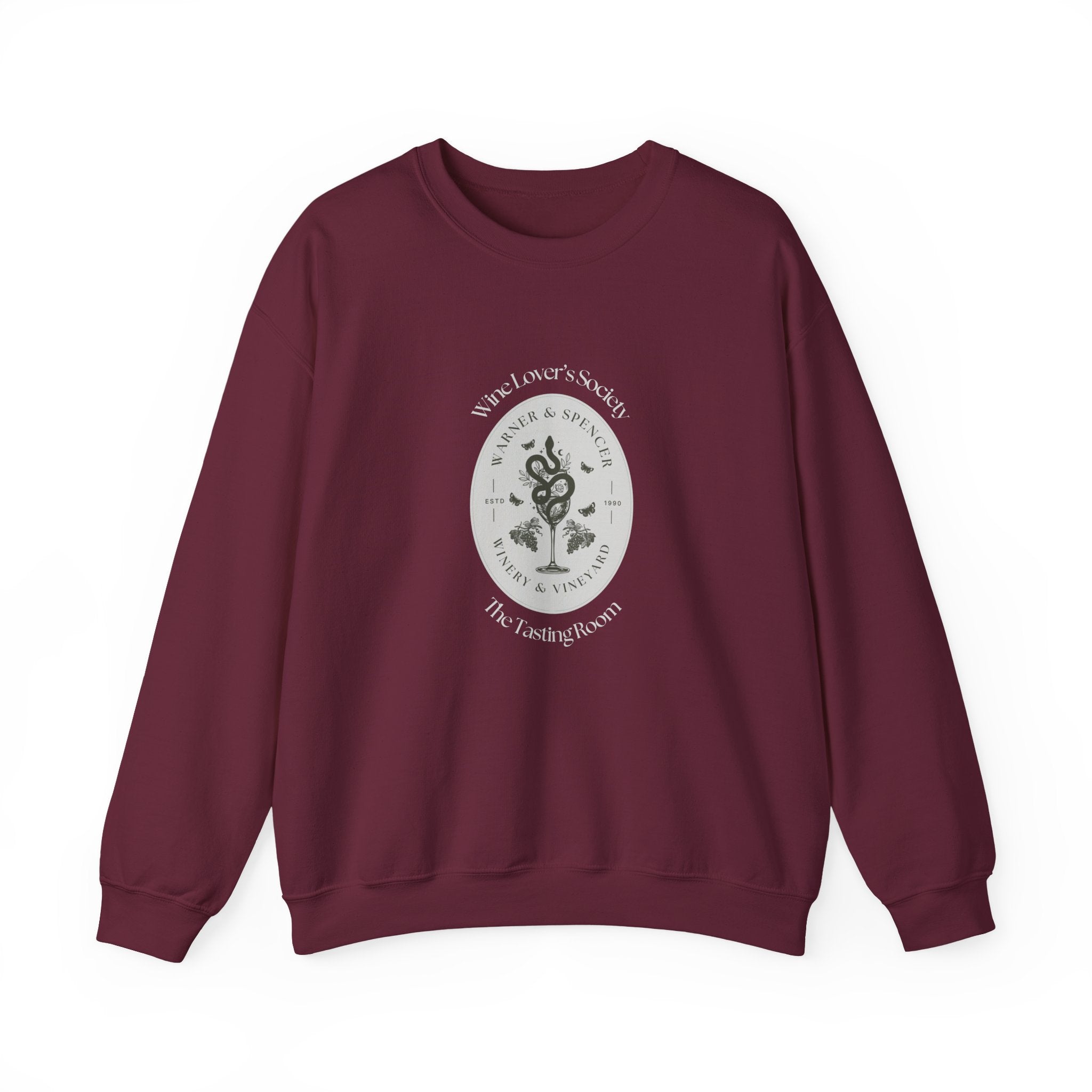 Cozy wine enthusiast crewneck sweatshirt with retro-inspired Wine Lover’s Society design