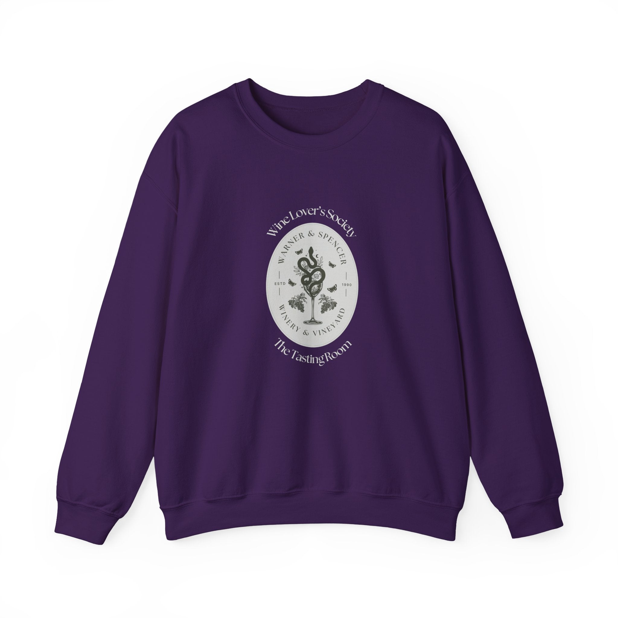 Front view of purple Wine Lover’s Society crewneck sweatshirt with circular wine graphic
