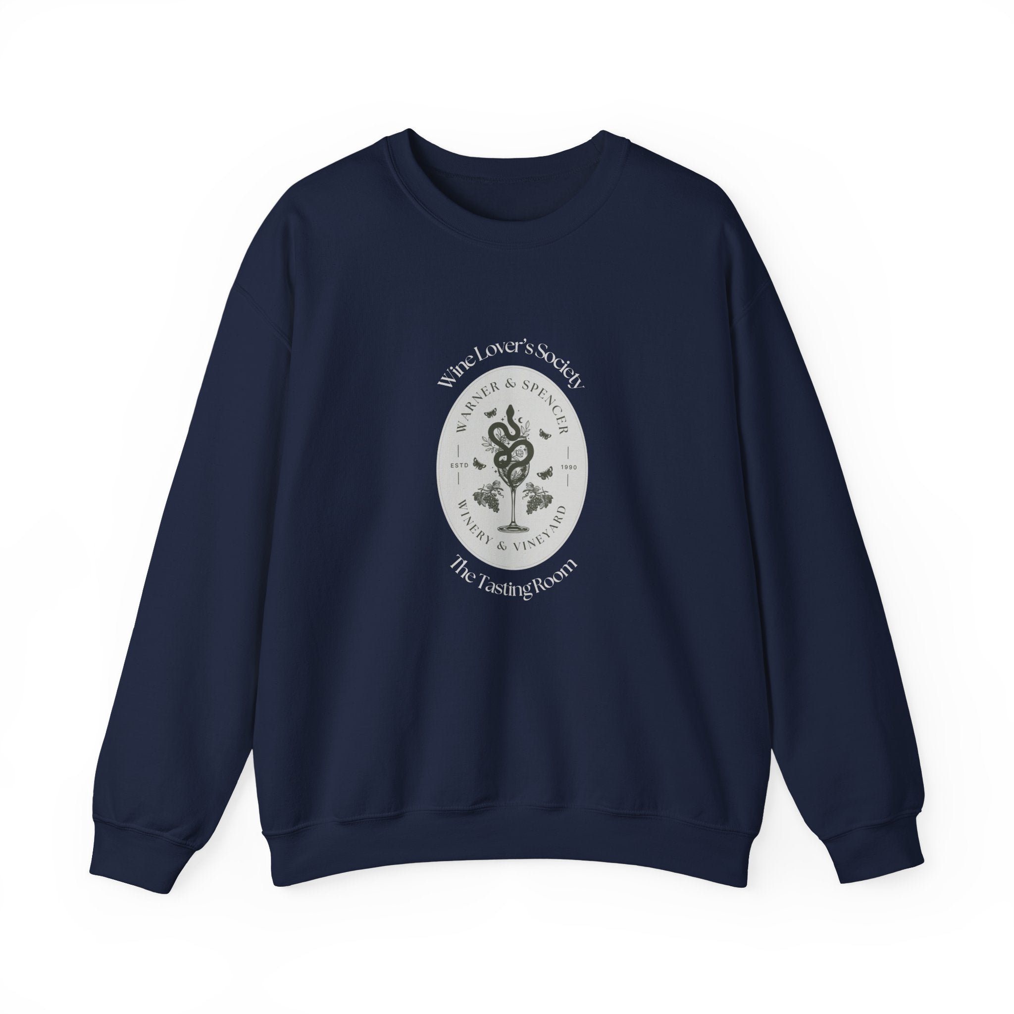 navy sweatshirt with wine typography graphic, ideal for wine lovers 