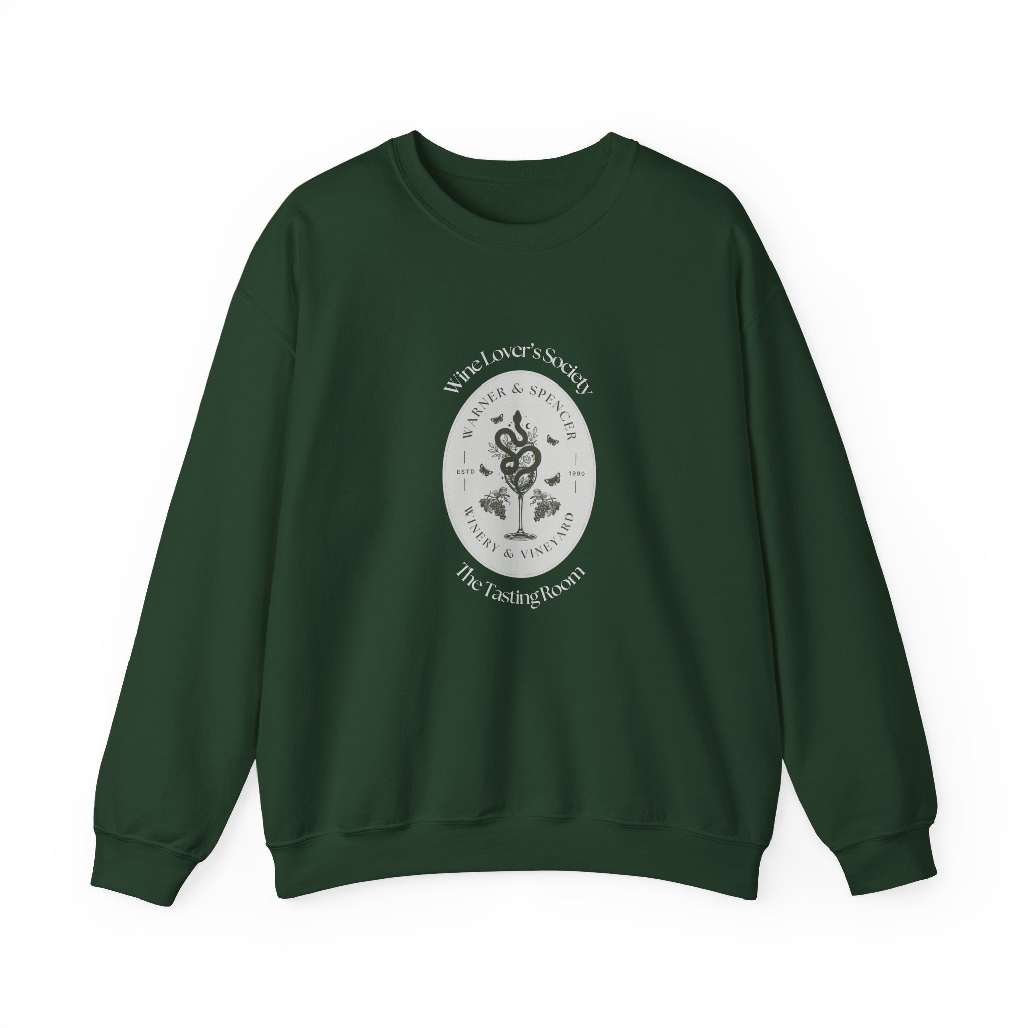 Front view of forest green Wine Lover’s Society crewneck sweatshirt for wine enthusiastic 