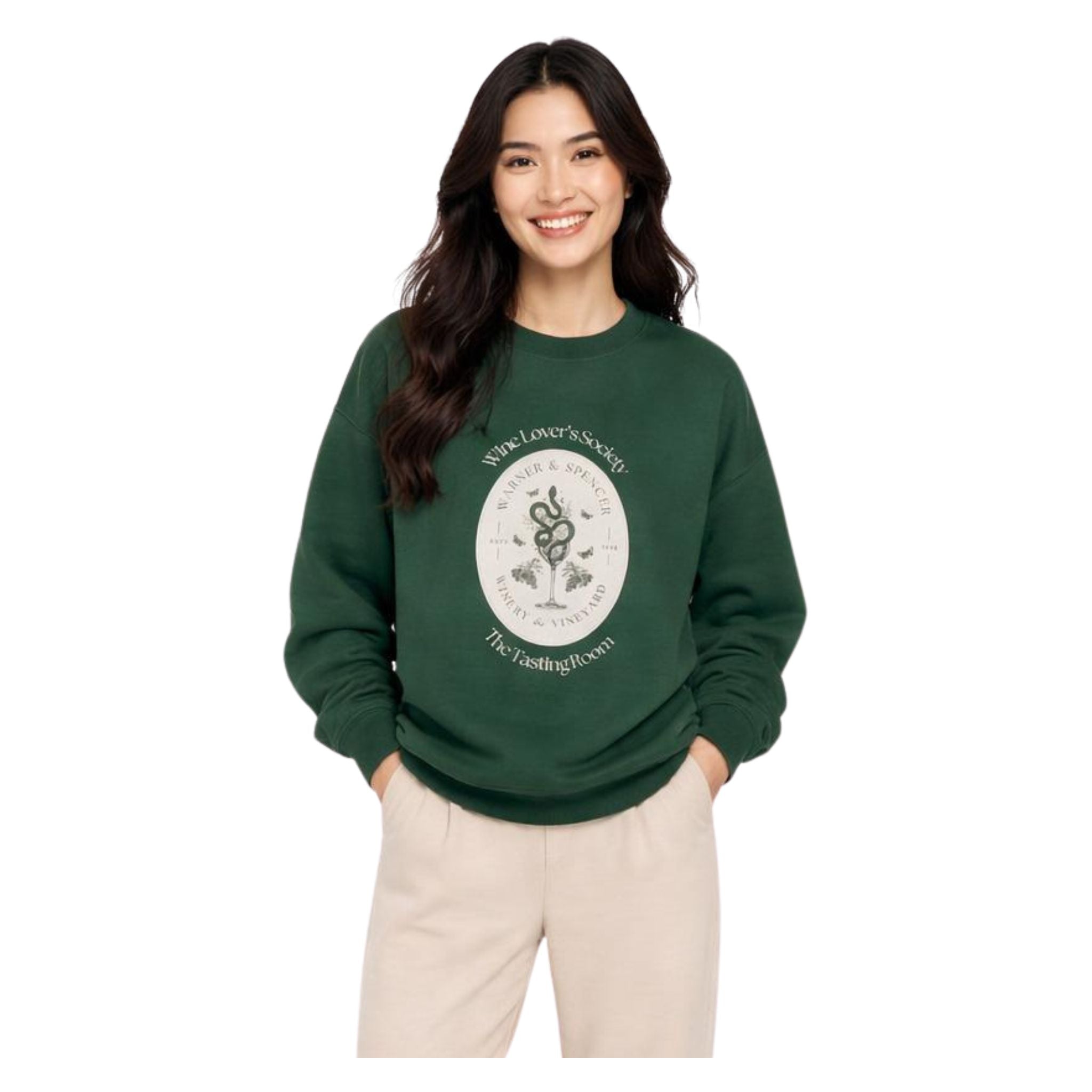 Front view of forest green Wine Lover’s Society crewneck sweatshirt with circular wine graphic