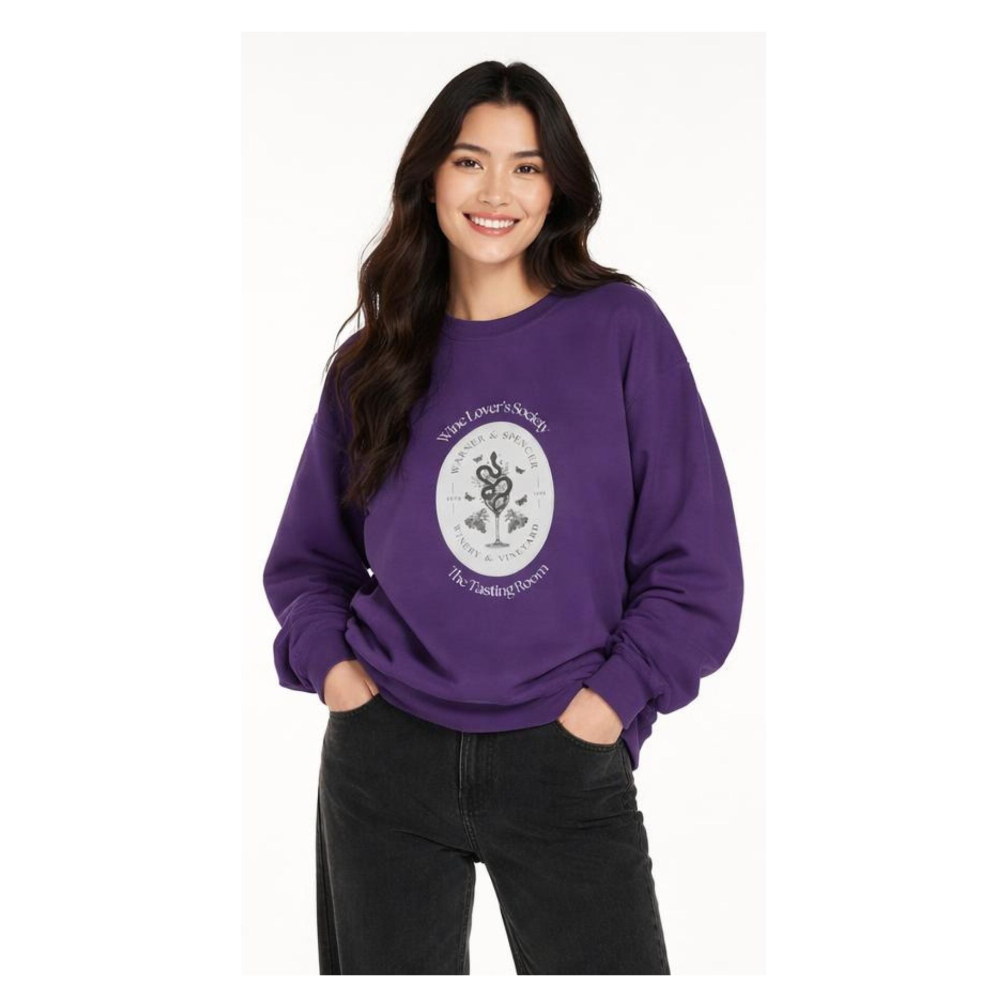 Front view of purple Wine Lover’s Society crewneck sweatshirt with circular wine graphic