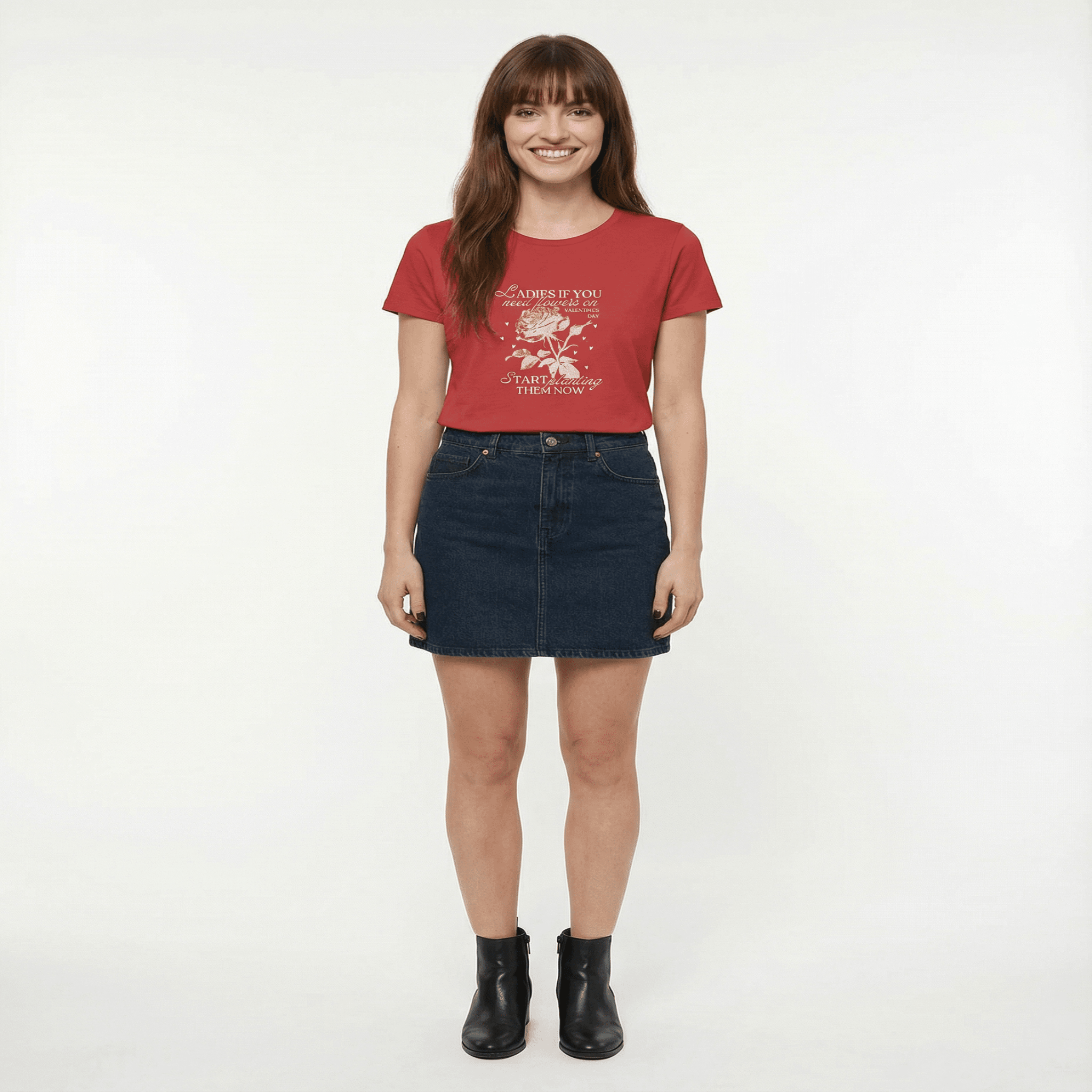 Women’s “If You Need Flowers” T-shirt featuring a front floral botanical illustration in red