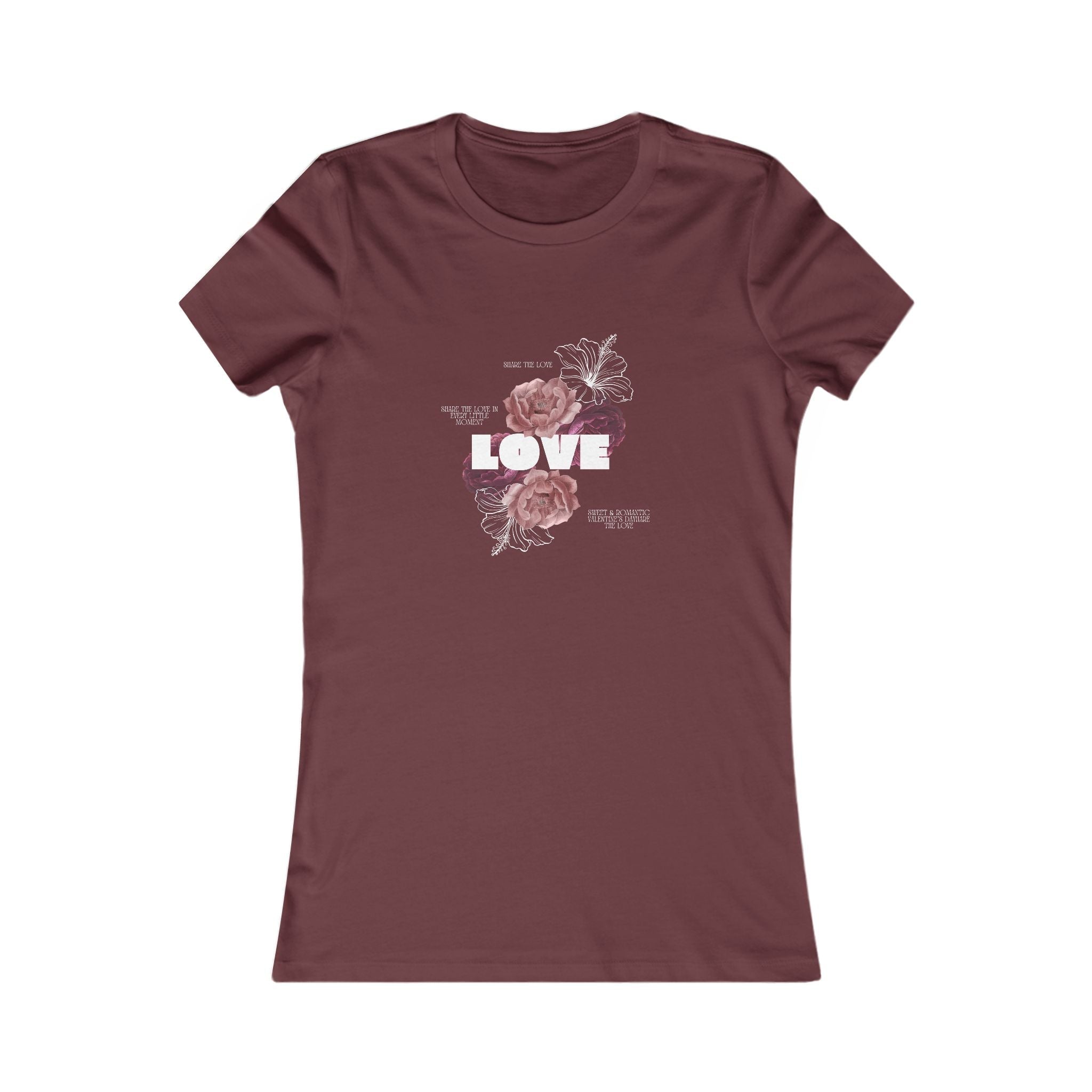 Front view of women's maroont-shirt with Floral 'LOVE' Graphic tshirt