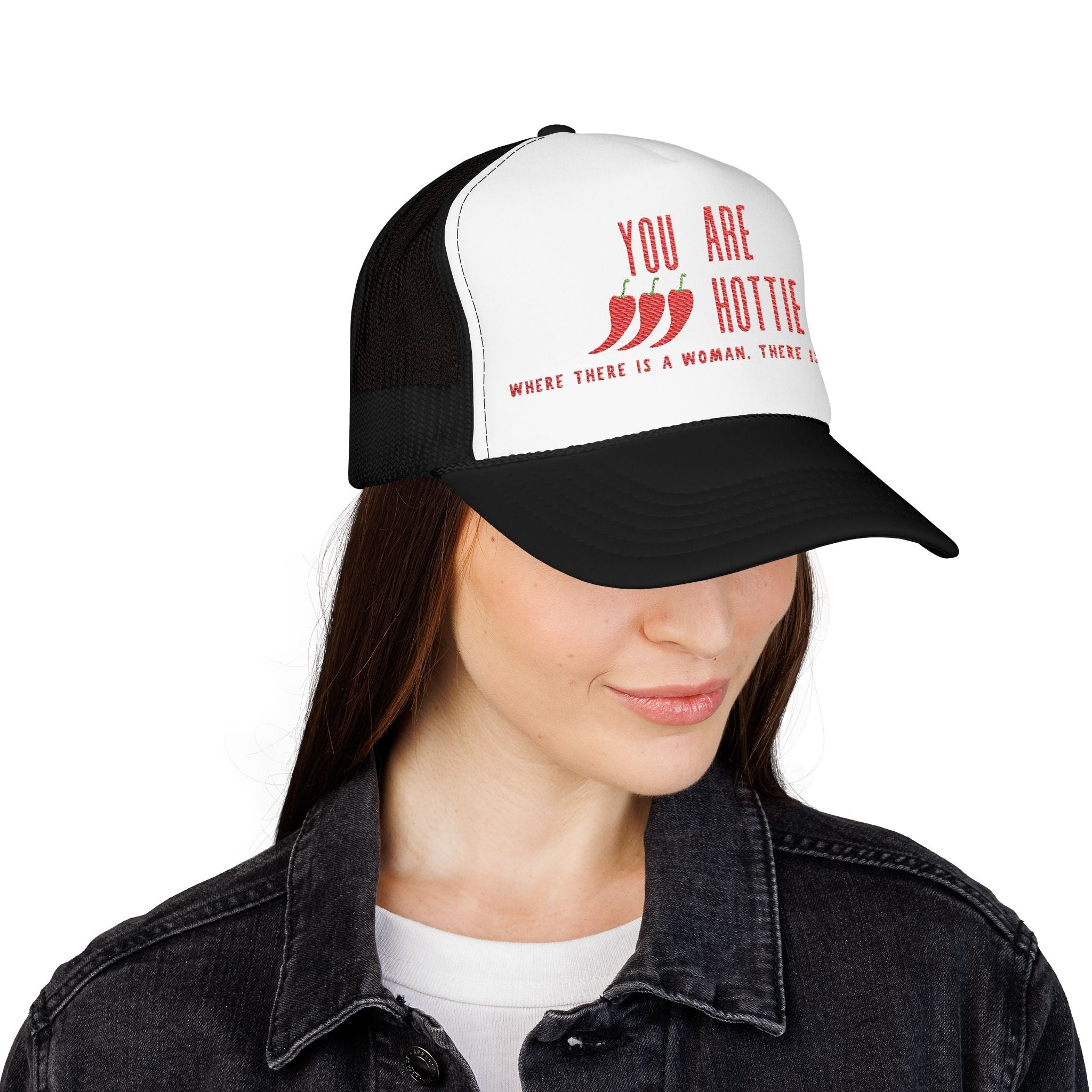 Embroidered chili pepper trucker cap with confident slogan and structured front