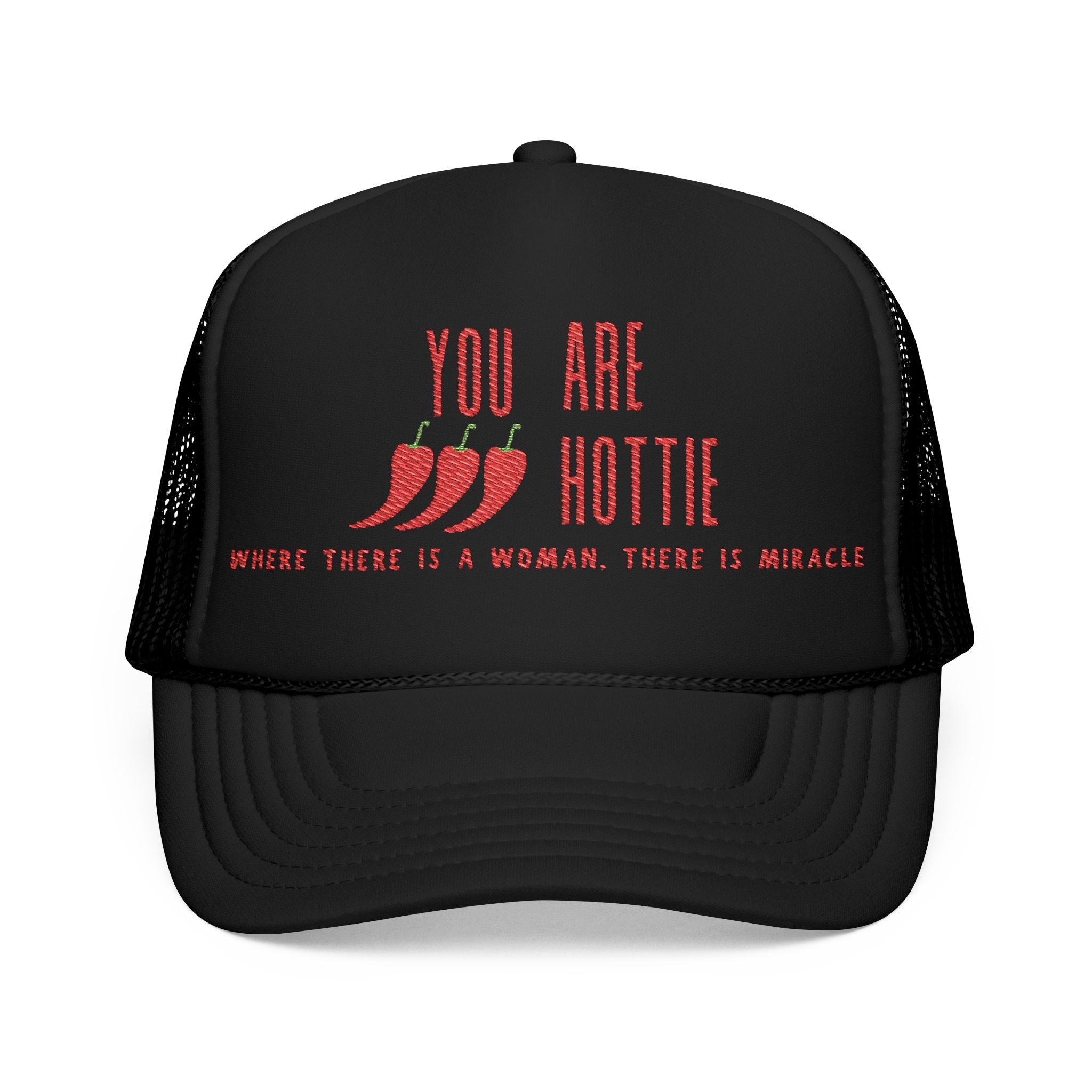 Front view of white trucker hat with red embroidery and playful spicy design