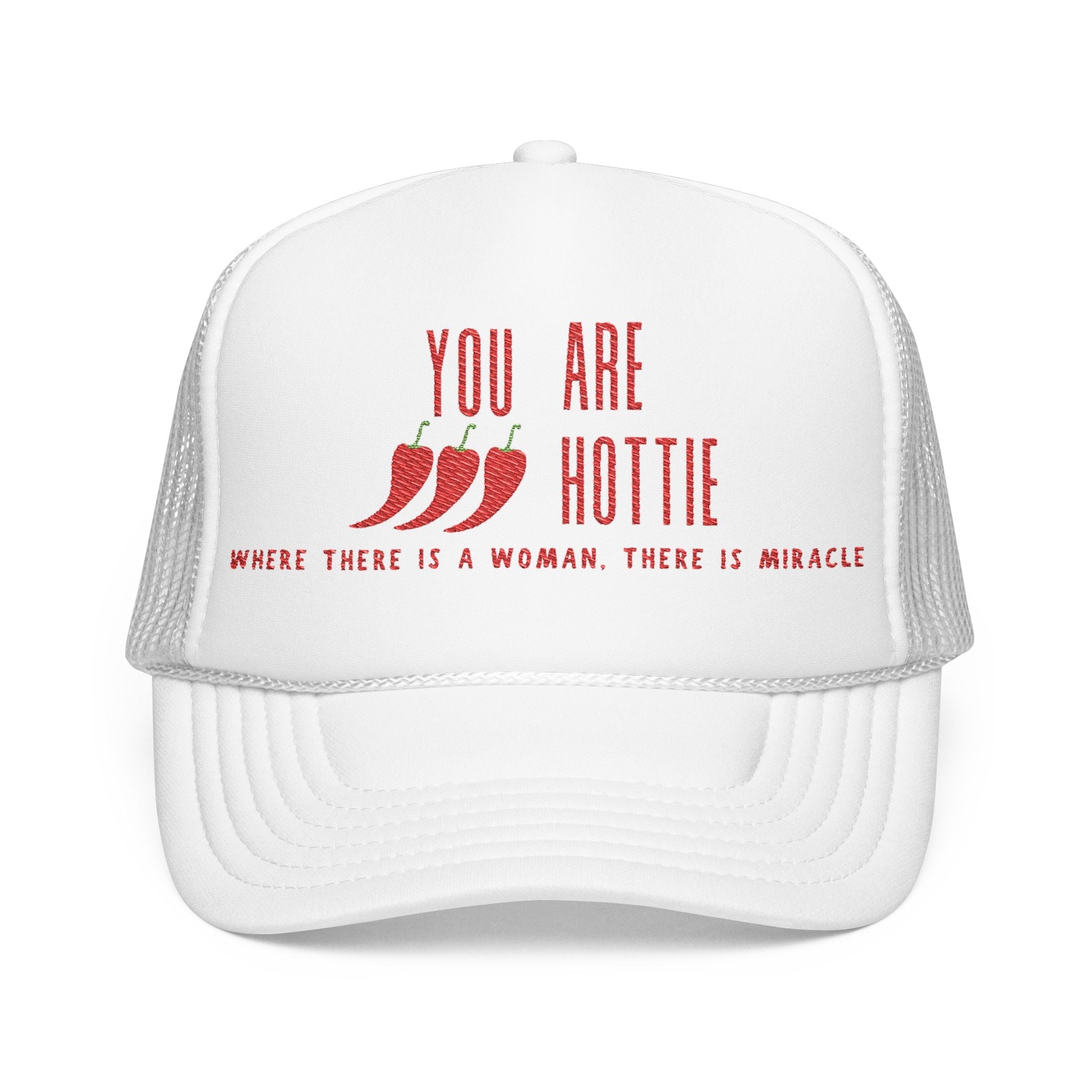 Bold embroidered trucker hat with chili peppers and empowering message in white