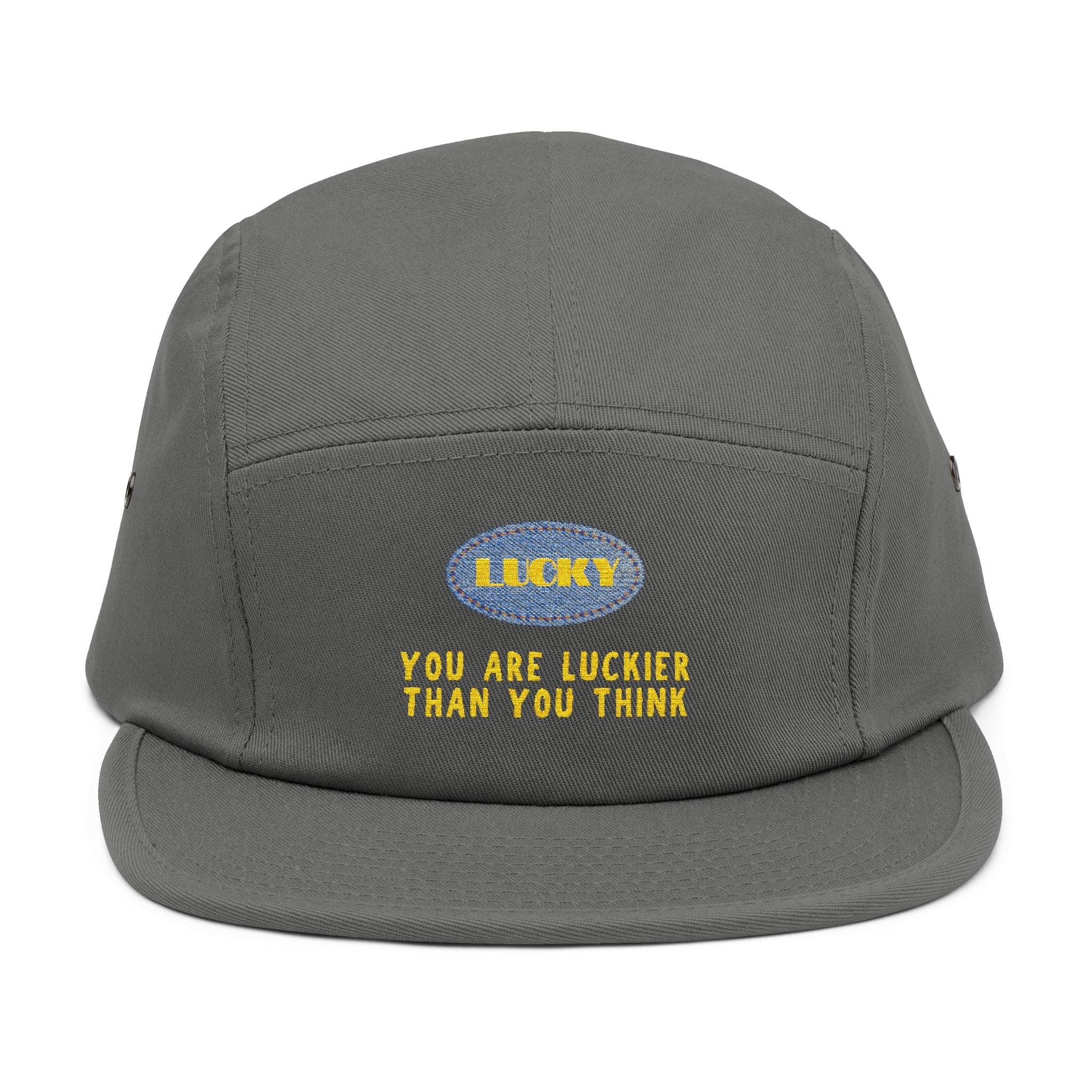 Minimal lucky quote 5-panel hat with embroidered text