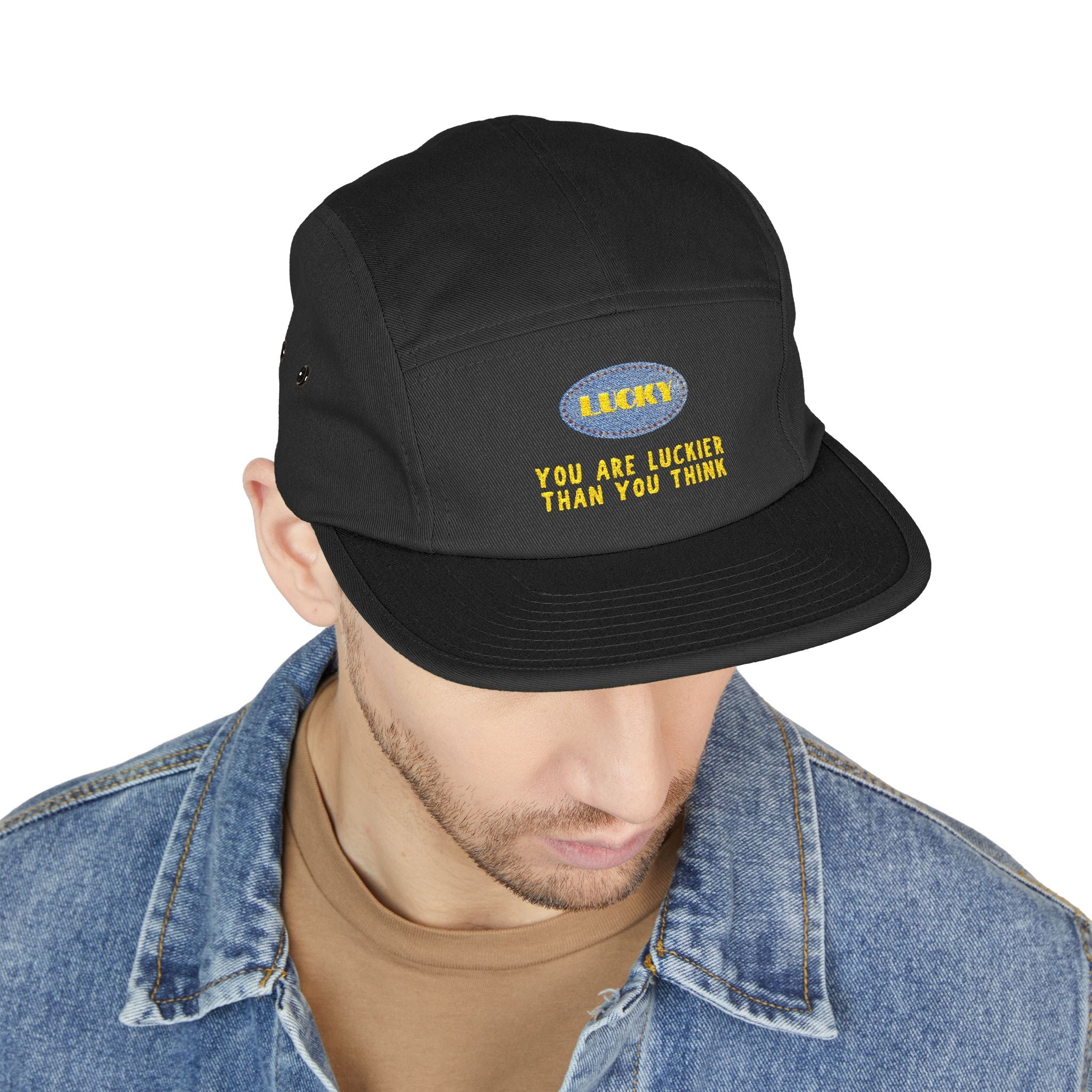 You're Luckier Than You Think Yellow Embroidery Caps in back for everyday wear