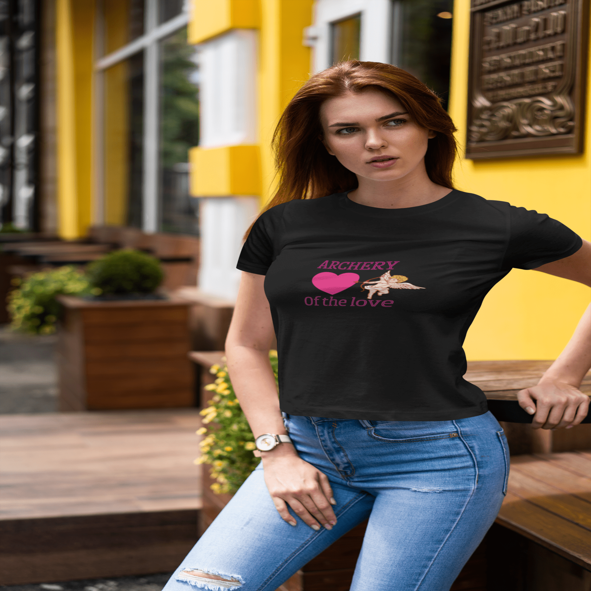 Women's Archery of Love Cupid Heart black t-shirt on the front