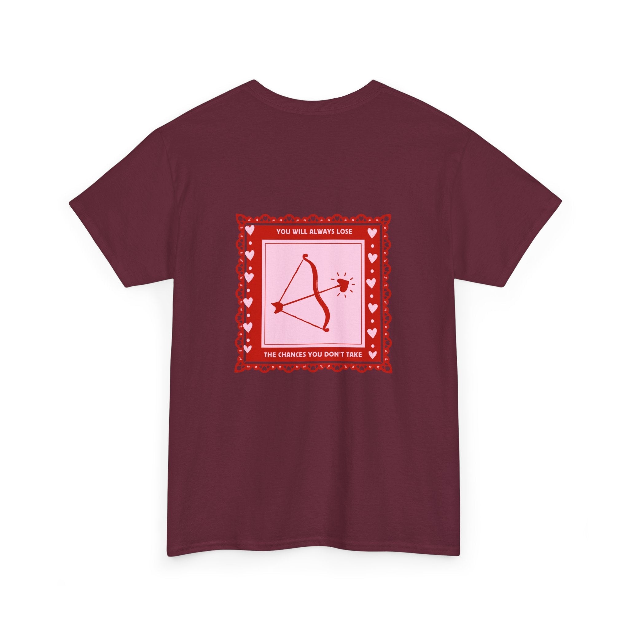 Astrology Arrow Unisex Heavy Cotton maroon t-shirt with heart arrow graphic 