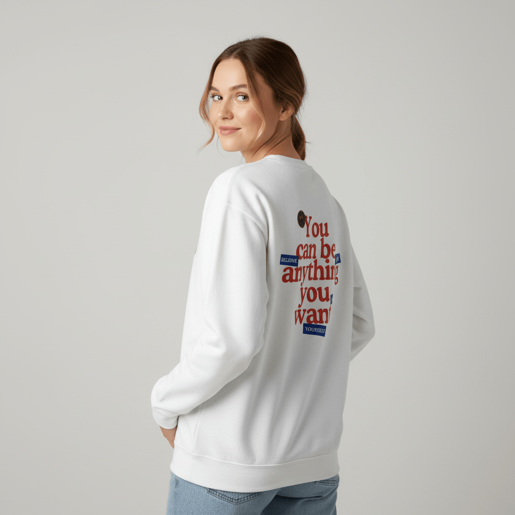 Women’s casual sweatshirt featuring uplifting quote typography on the back